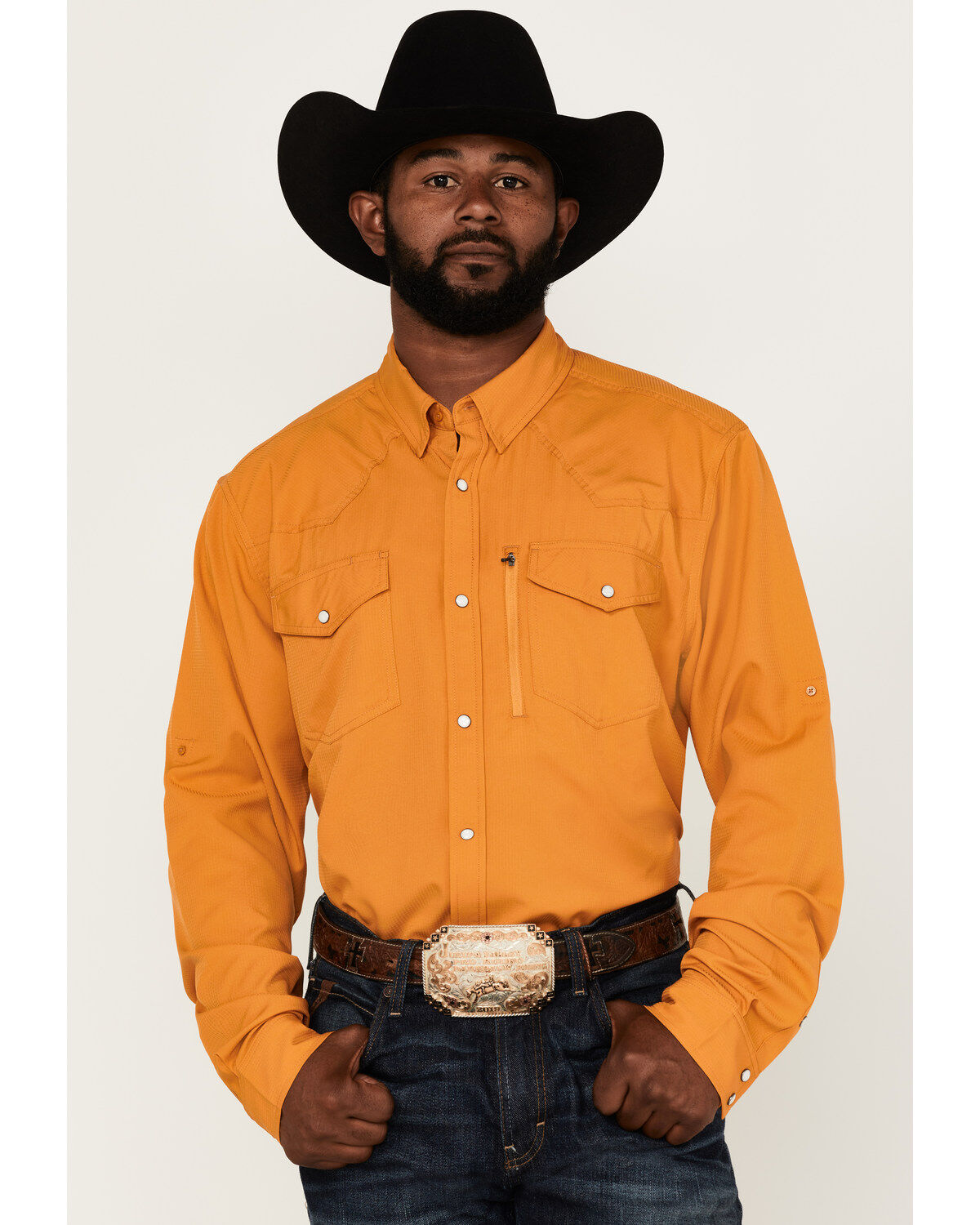 Image #1 - RANK 45&reg; Men's Solid Roughie Tech Long Sleeve Snap Western Shirt, Gold, hi-res