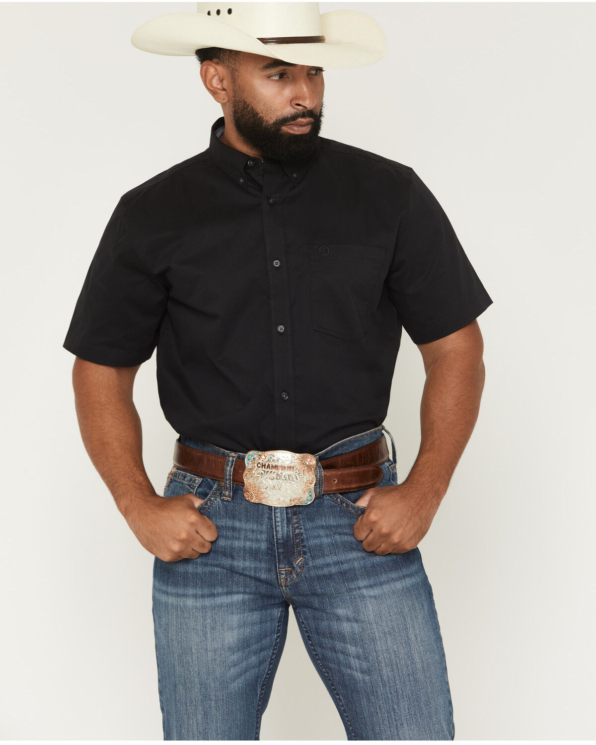 Image #1 - Cody James Men's Basic Solid Short Sleeve Button-Down Stretch Western Shirt - Tall, Black, hi-res