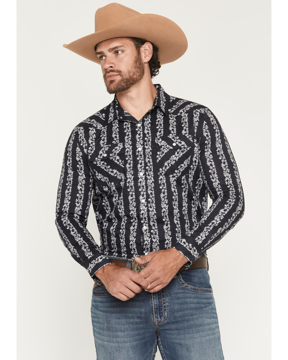 Panhandle Slime Men's Southwestern Striped Print Long Sleeve Snap Western Shirt, Black, hi-res
