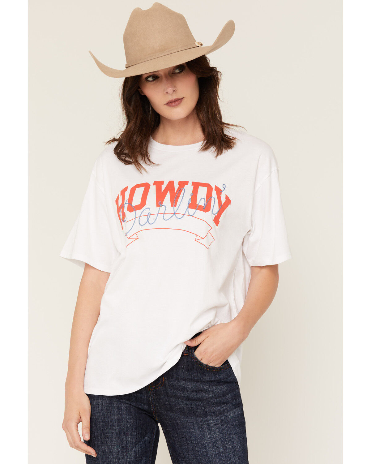 Image #1 - White Crow Women's Howdy Darlin' Embroidered Short Sleeve Graphic Tee, White, hi-res