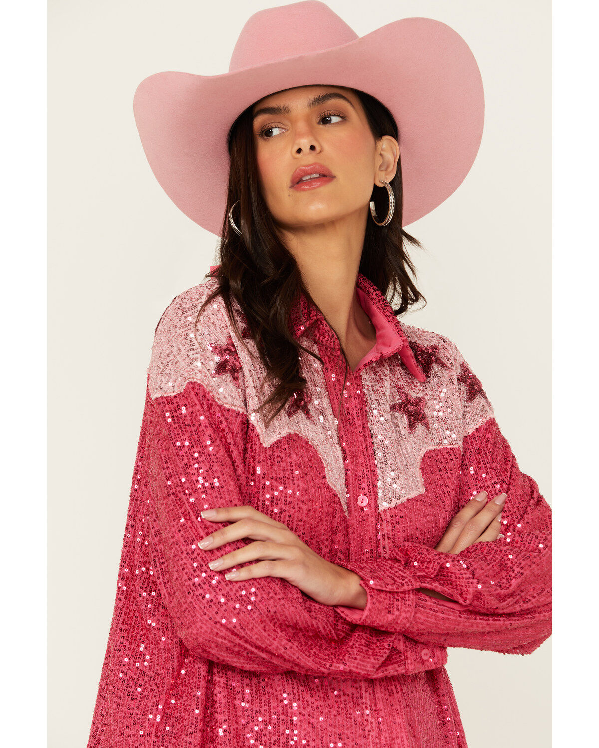 Image #2 - Mainstrip Women's Star Sequins Long Sleeve Button-Down Western Top, Pink, hi-res