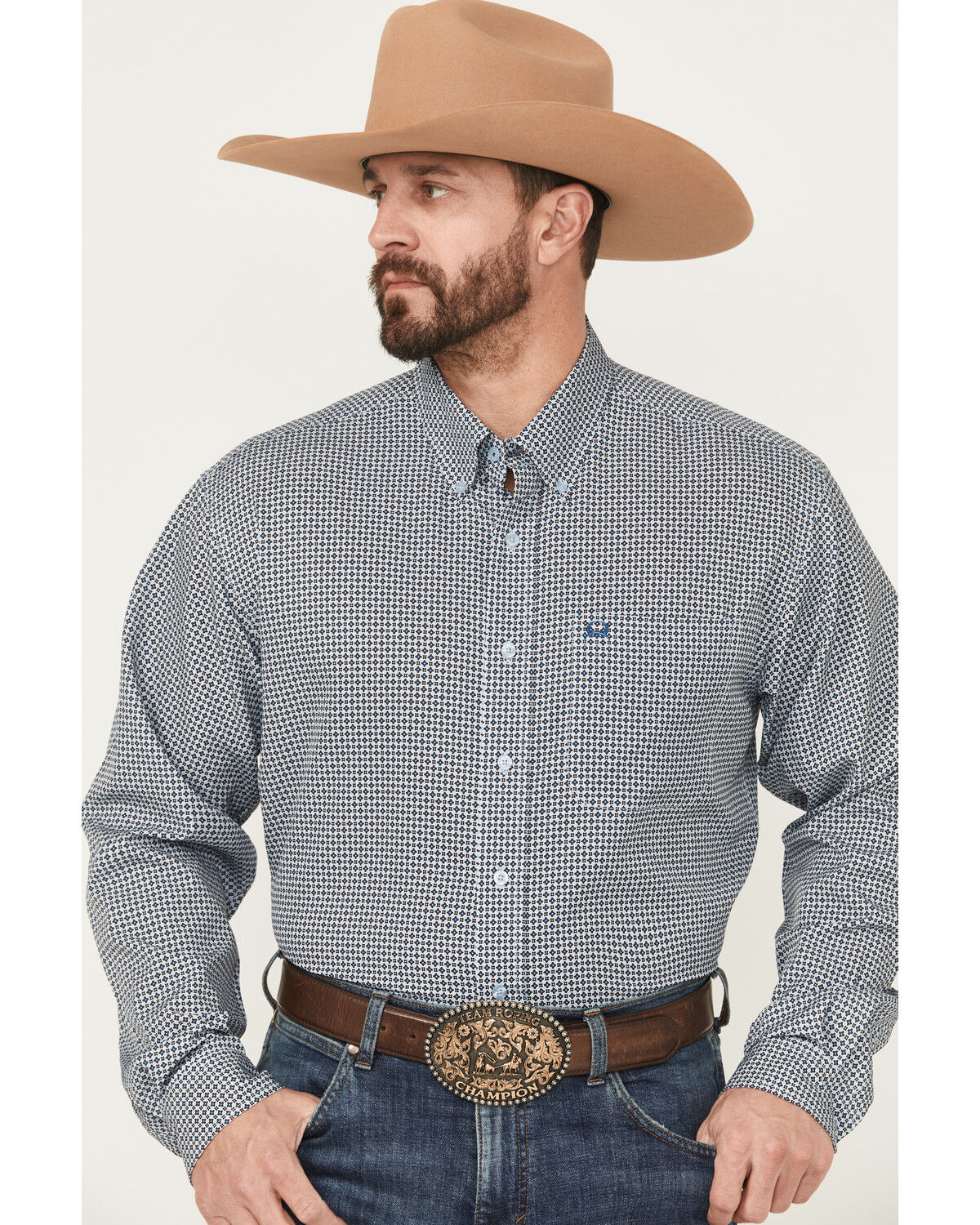 Image #1 - Cinch Men's Geo Print Arenaflex Long Sleeve Button-Down Performance Stretch Western Shirt, Light Blue, hi-res