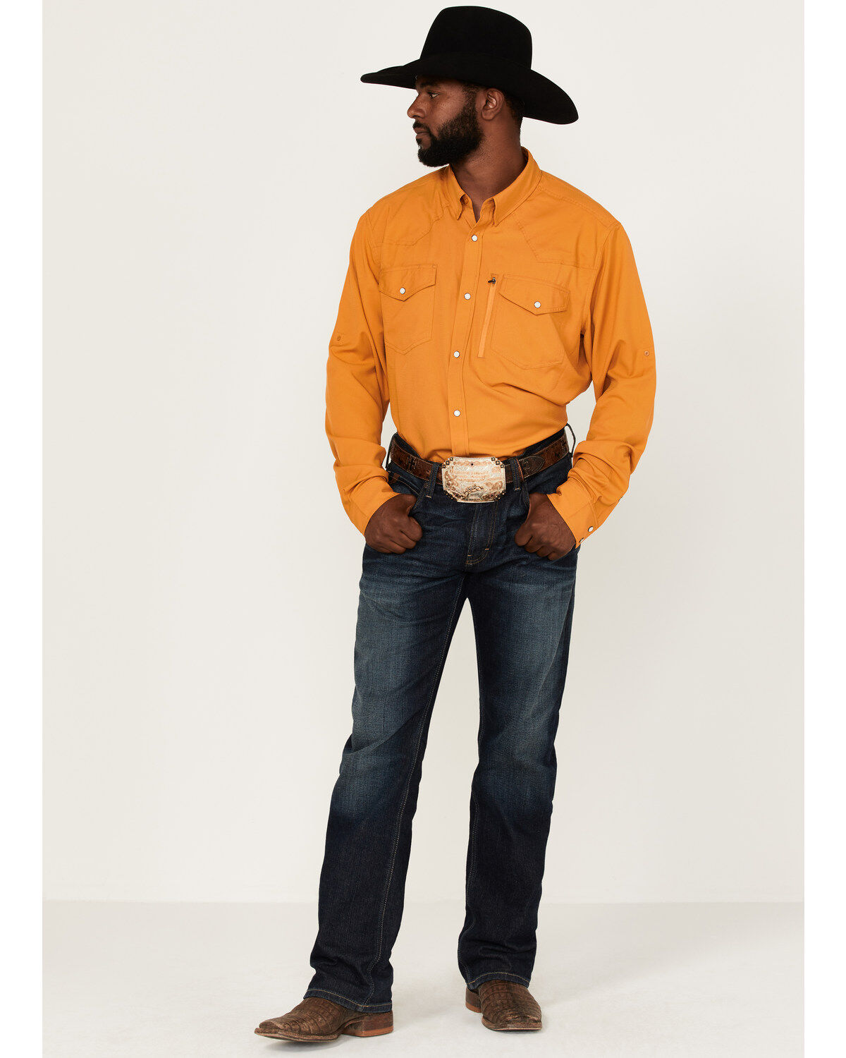 Image #2 - RANK 45&reg; Men's Solid Roughie Tech Long Sleeve Snap Western Shirt, Gold, hi-res