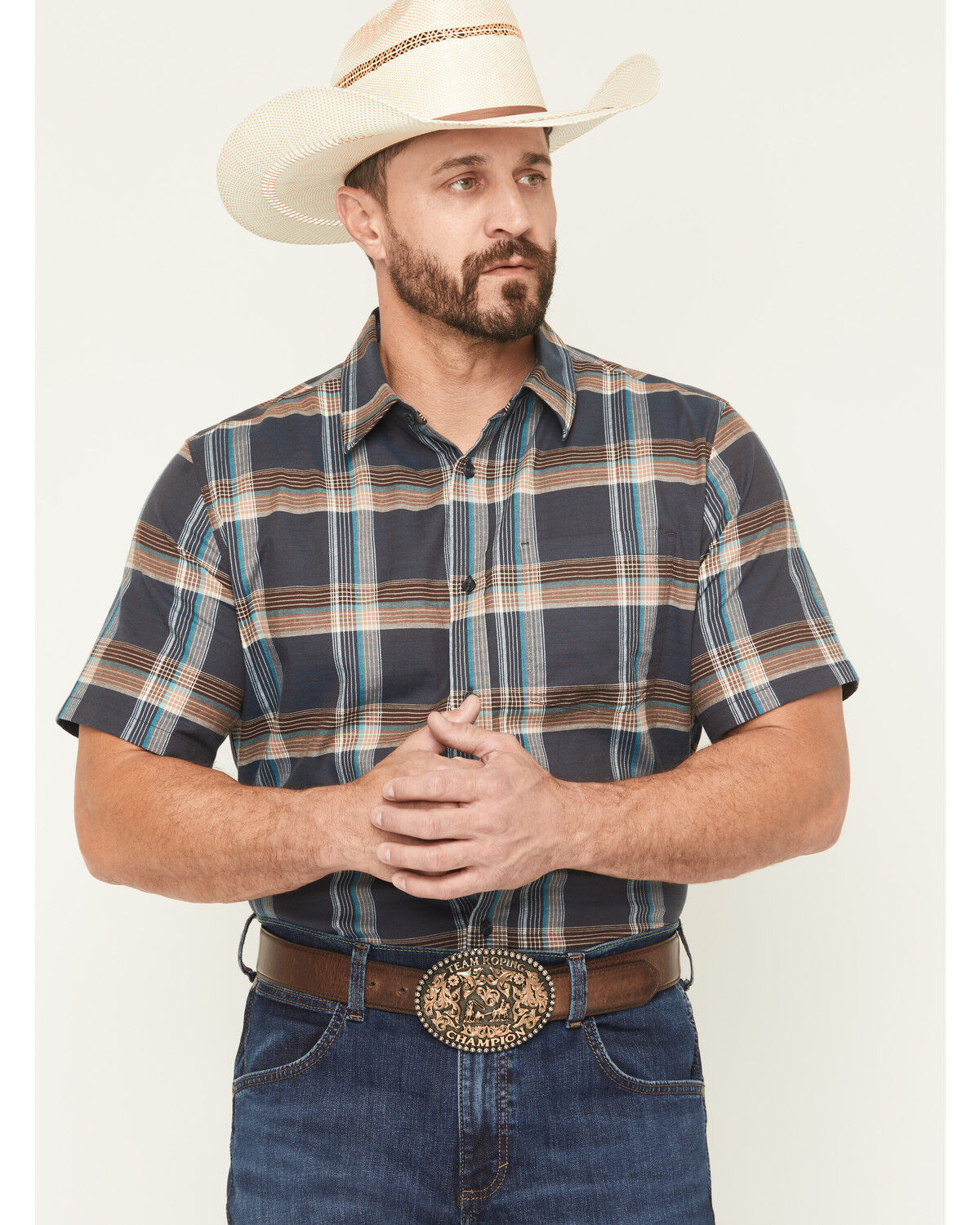 Cody James Men's High Plains Ranch Plaid Print Short Sleeve Button-Down Stretch Western Shirt, Navy, hi-res