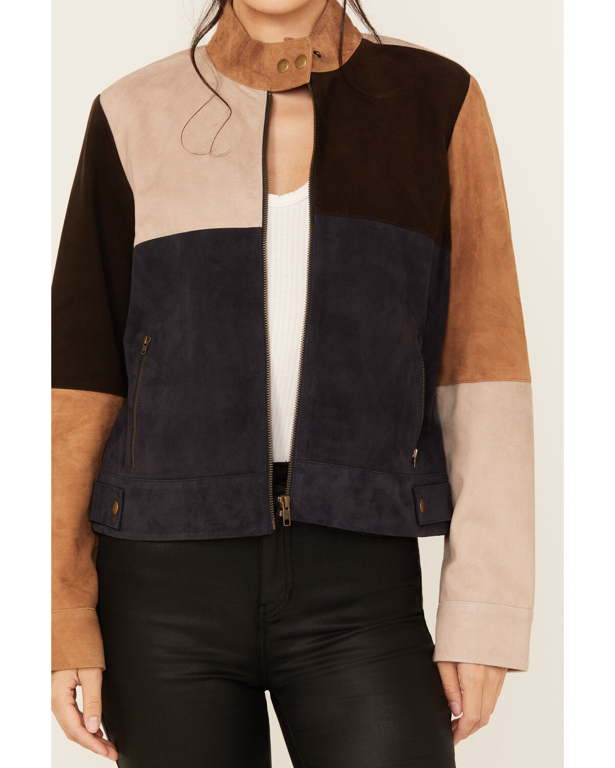 Image #3 - Cleo + Wolf Women's Carter Colorblock Suede Zip-Up Jacket, Bark, hi-res