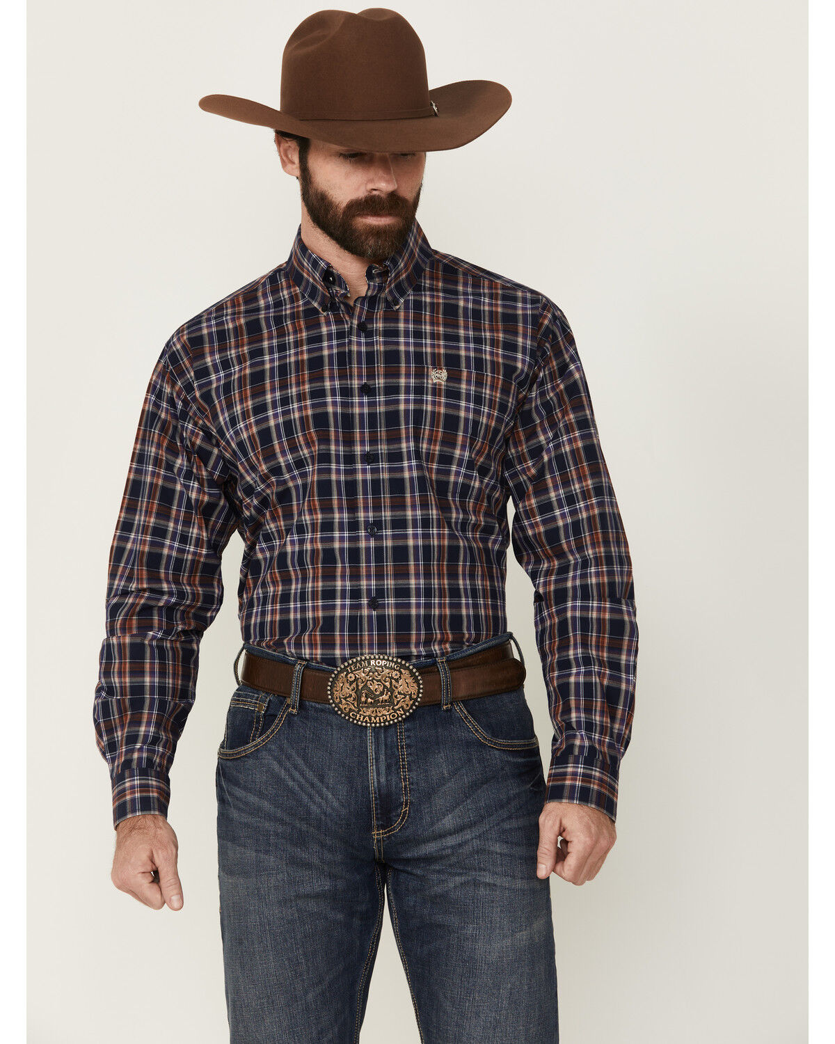 Cinch Men's Plaid Print Long Sleeve Button-Down Western Shirt, Navy, hi-res