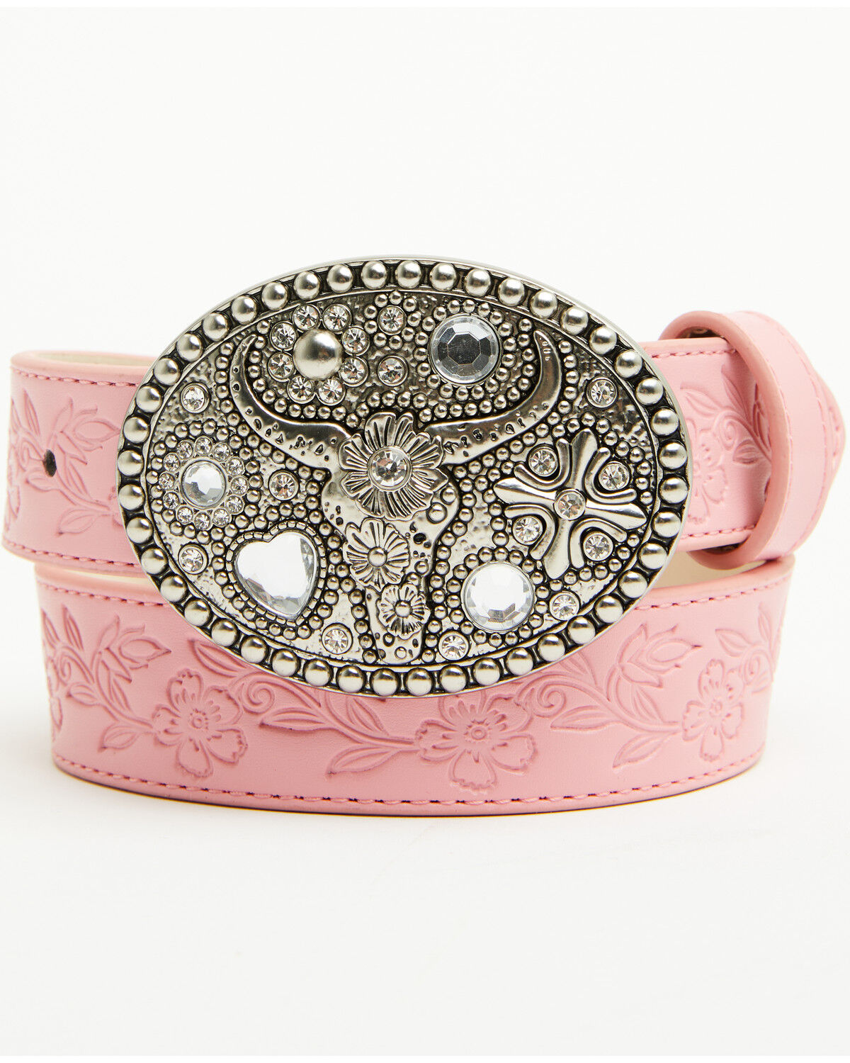 Shyanne Girls' Longhorn Bling Buckle Belt, Pink, hi-res