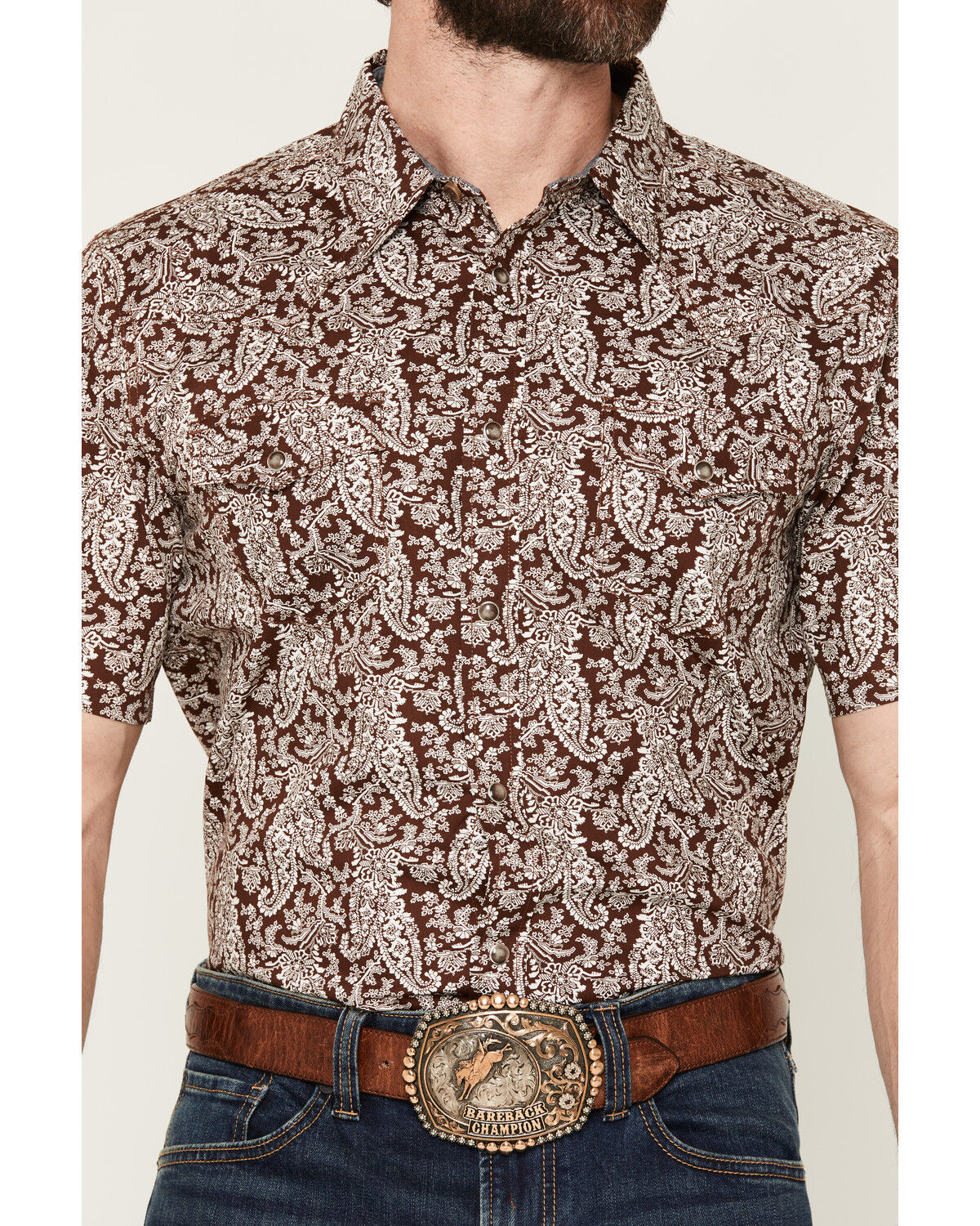 Image #3 - Cody James Men's Rusted Gate Paisley Print Short Sleeve Snap Western Shirt - Big, Brown, hi-res