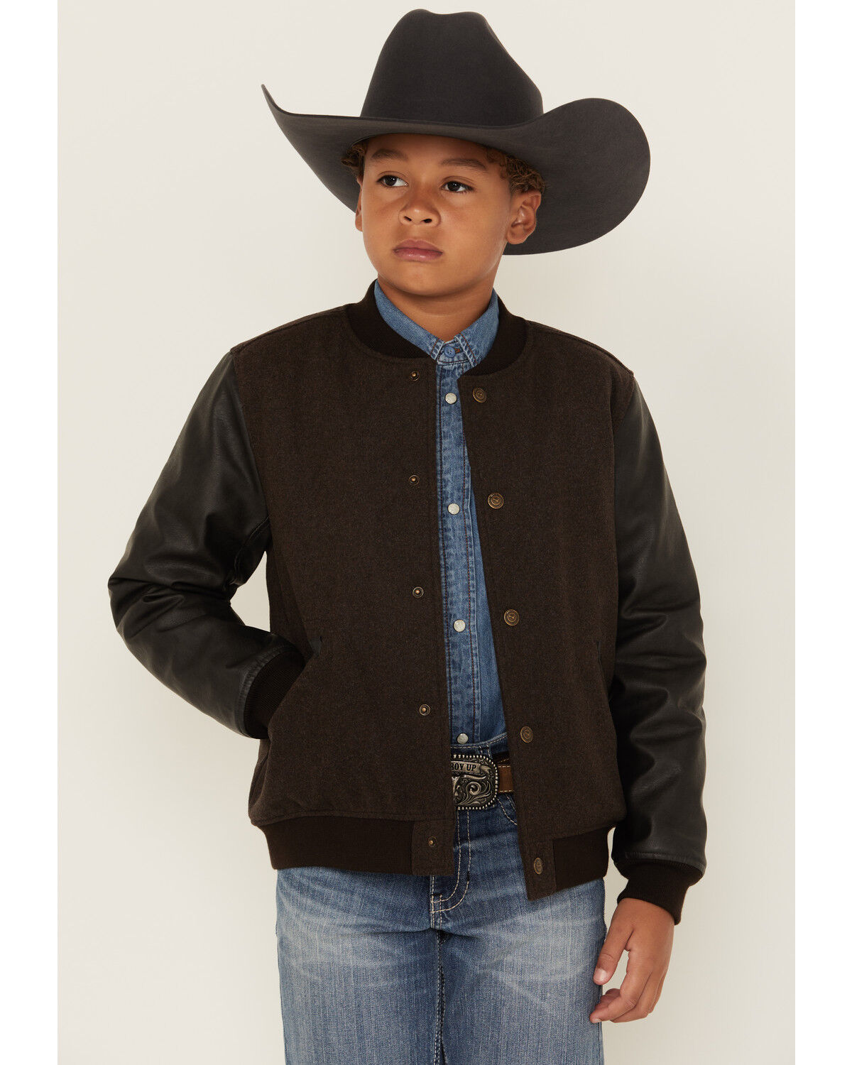 Cody James Boys' Brighton Solid Varsity Jacket, Brown, hi-res