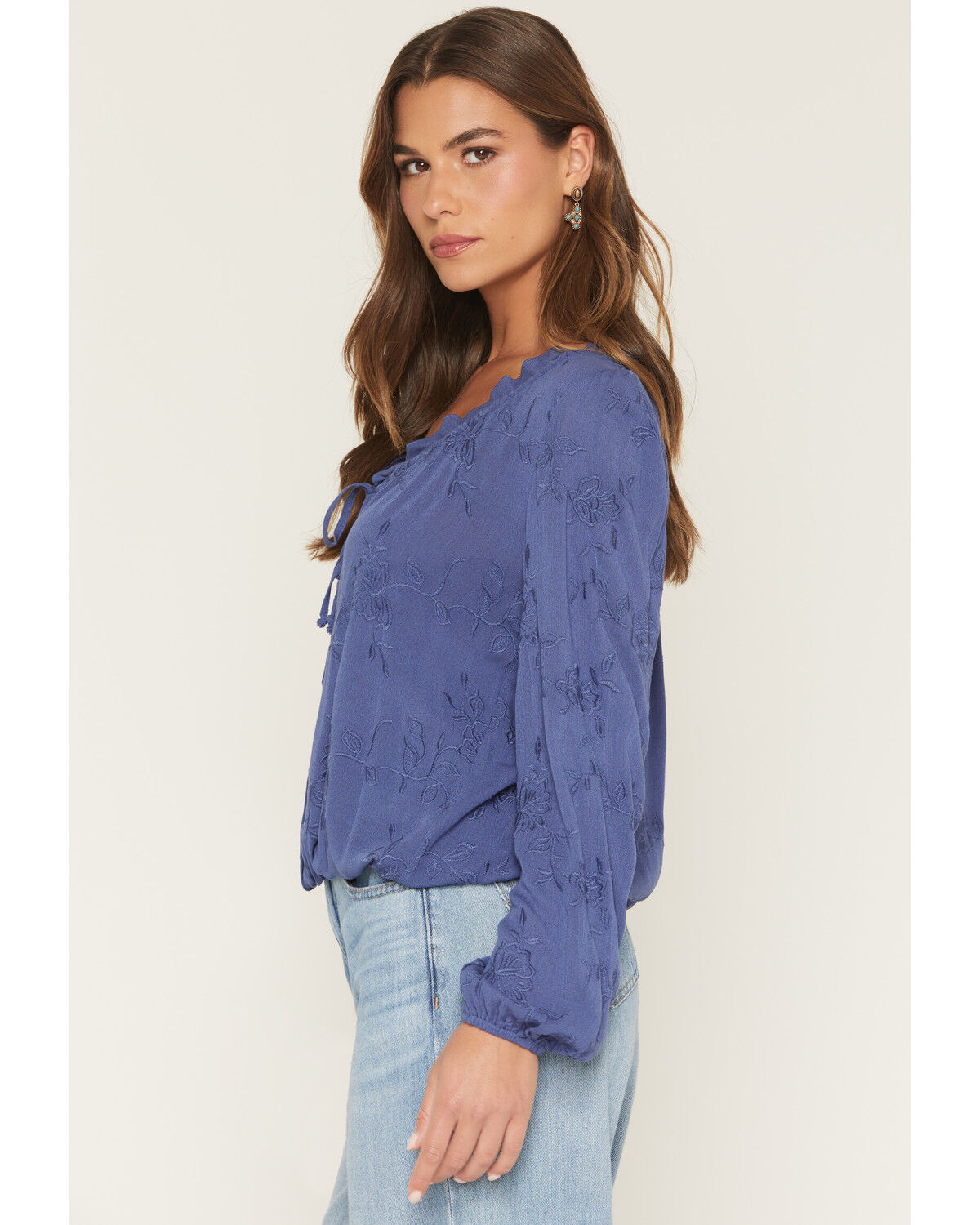 Image #2 - Wild Moss Women's Button-Front Embroidered Long Sleeve Peasant Top, Blue, hi-res