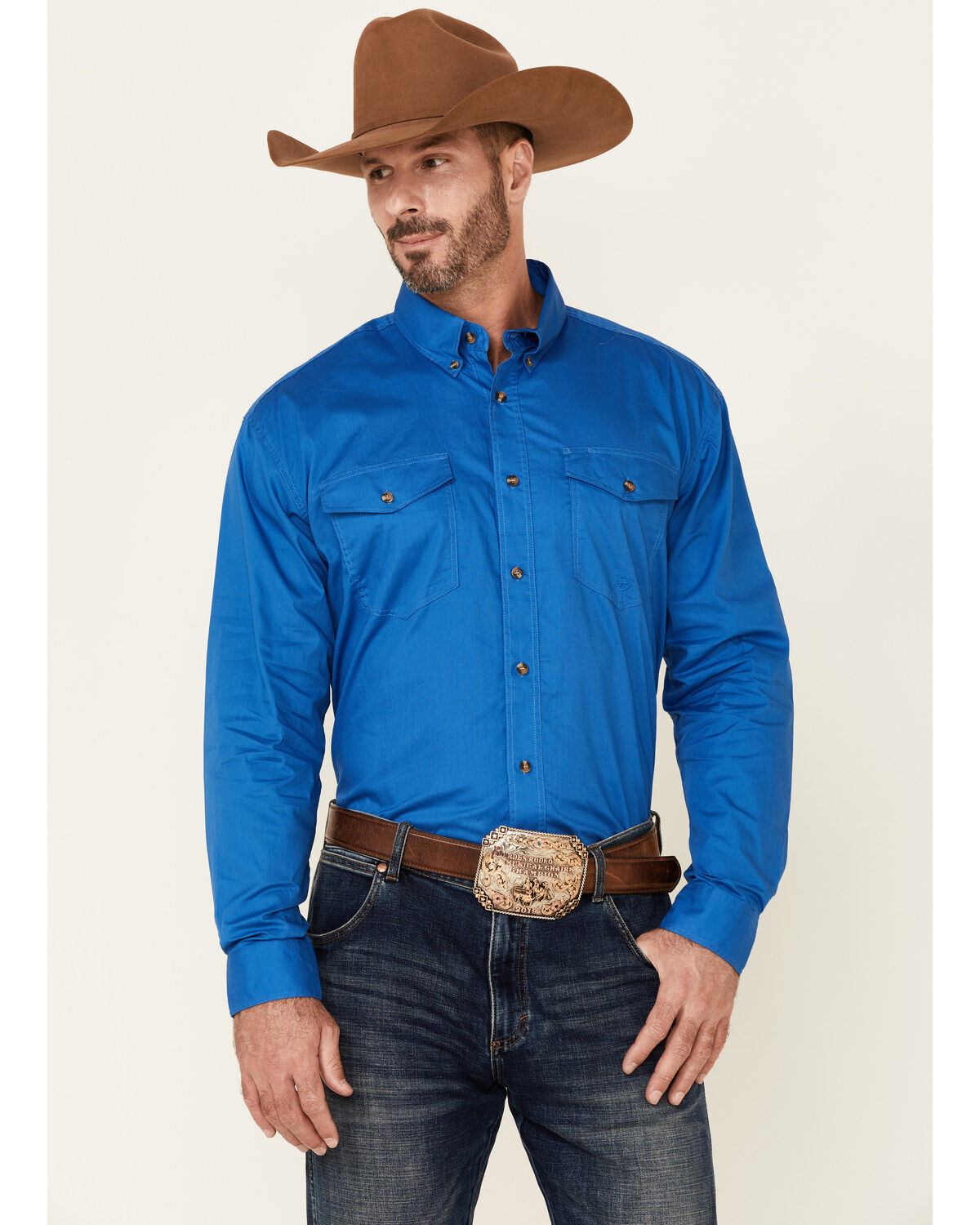 Roper Men's Solid Amarillo Collection Long Sleeve Button-Down Western Shirt, Royal, hi-res