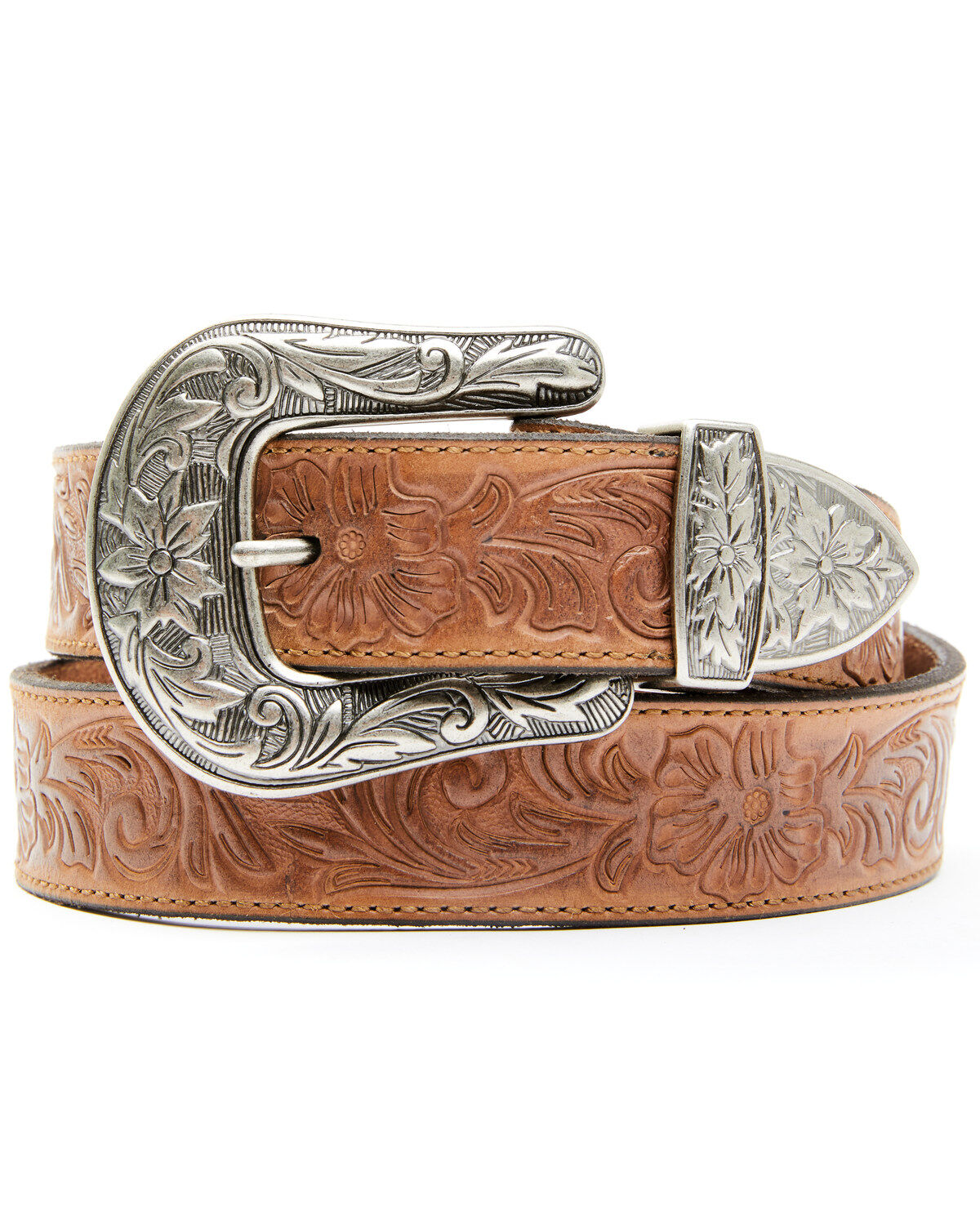 Shyanne Women's Floral Embossed Buckle Belt, Tan, hi-res