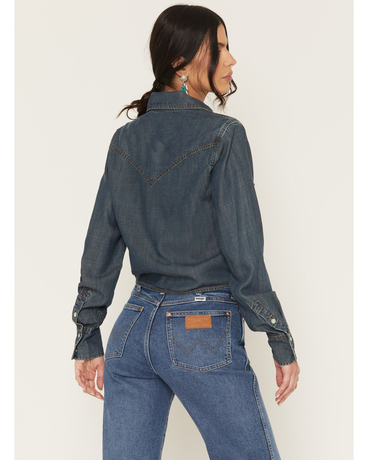 Image #4 - Wrangler X Lainey Wilson Women's Dark Wash Long Sleeve Snap Tie Front Western Shirt, Dark Wash, hi-res