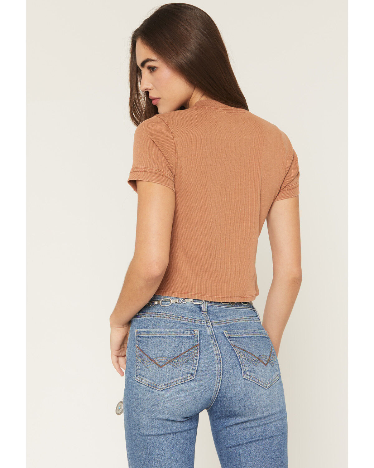 Image #4 - Idyllwind Women's Frisco Solid Short Sleeve Button-Down Rib Knit Shirt, Caramel, hi-res