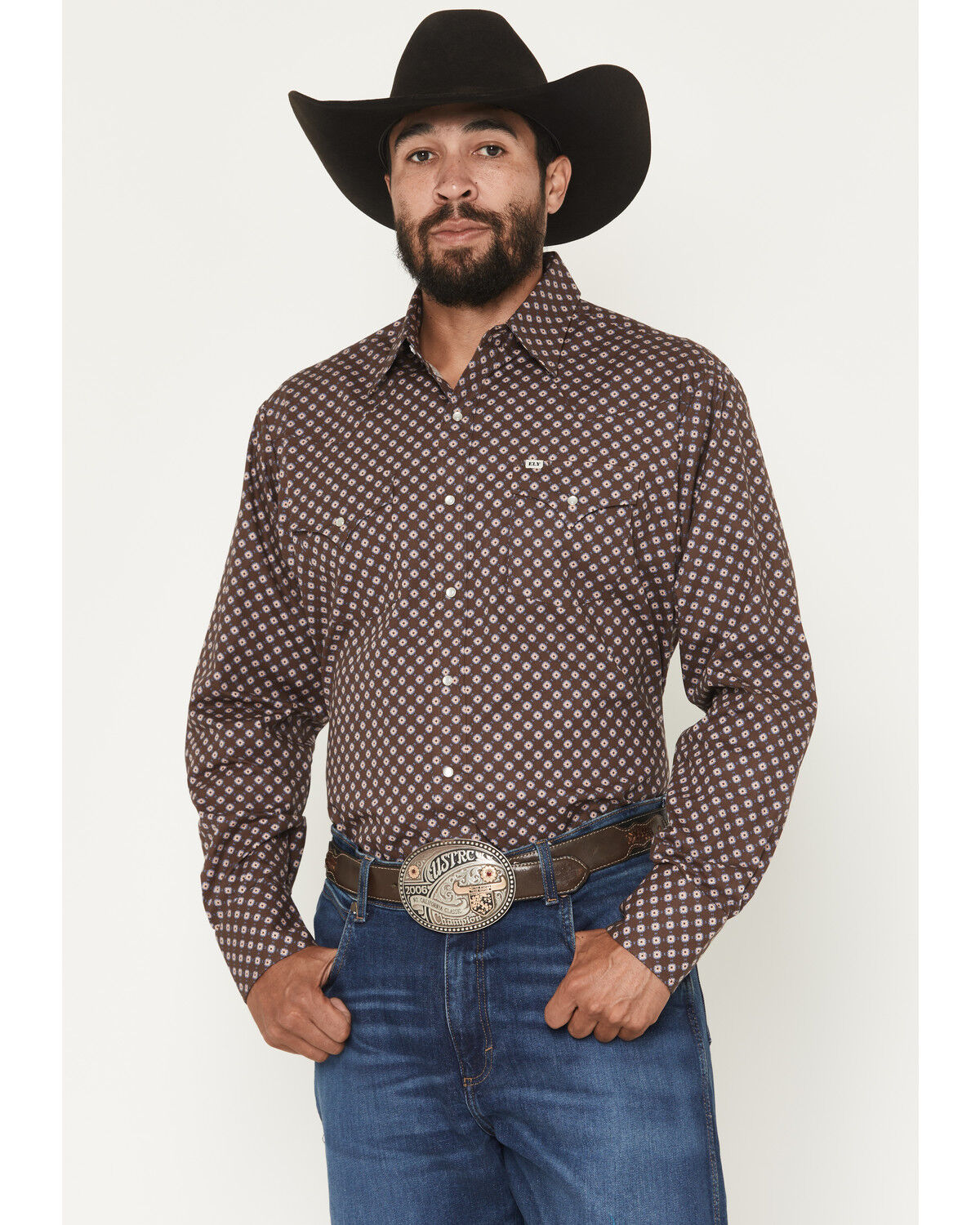 Image #1 - Ely Walker Men's Geo Print Long Sleeve Pearl Snap Western Shirt, Brown, hi-res