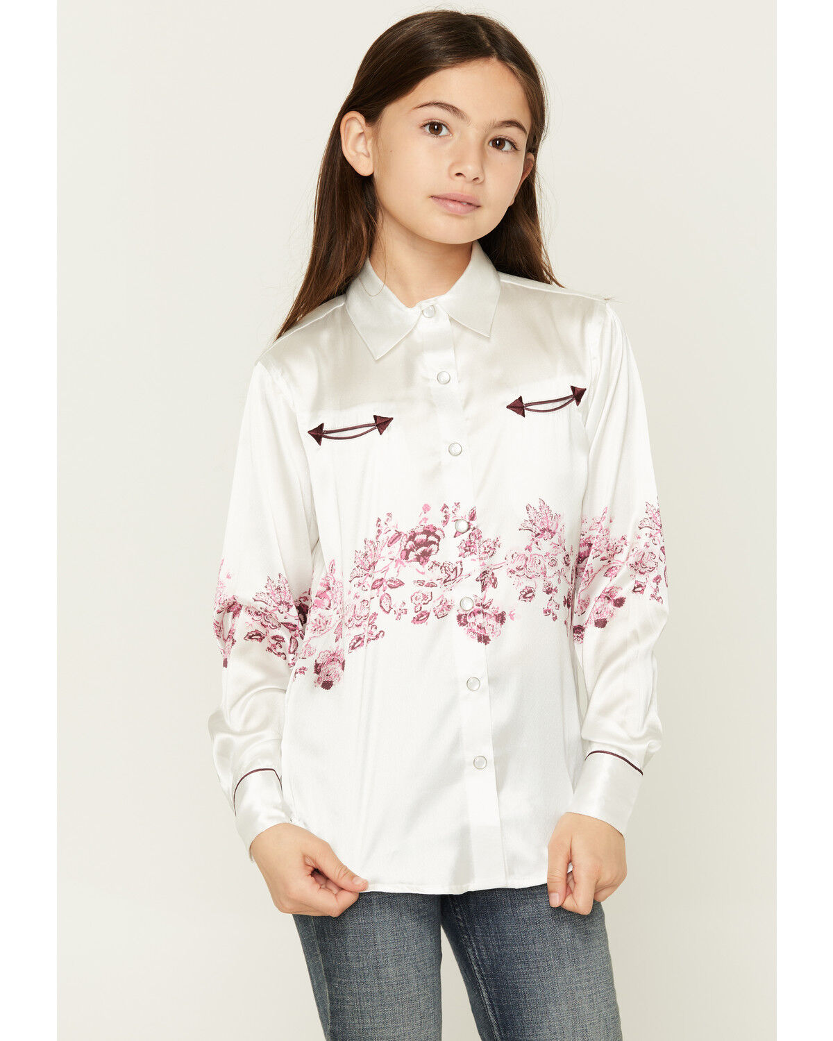Cowgirl Hardware Girls' Wild Flower Long Sleeve Pearl Snap Western Shirt, White, hi-res