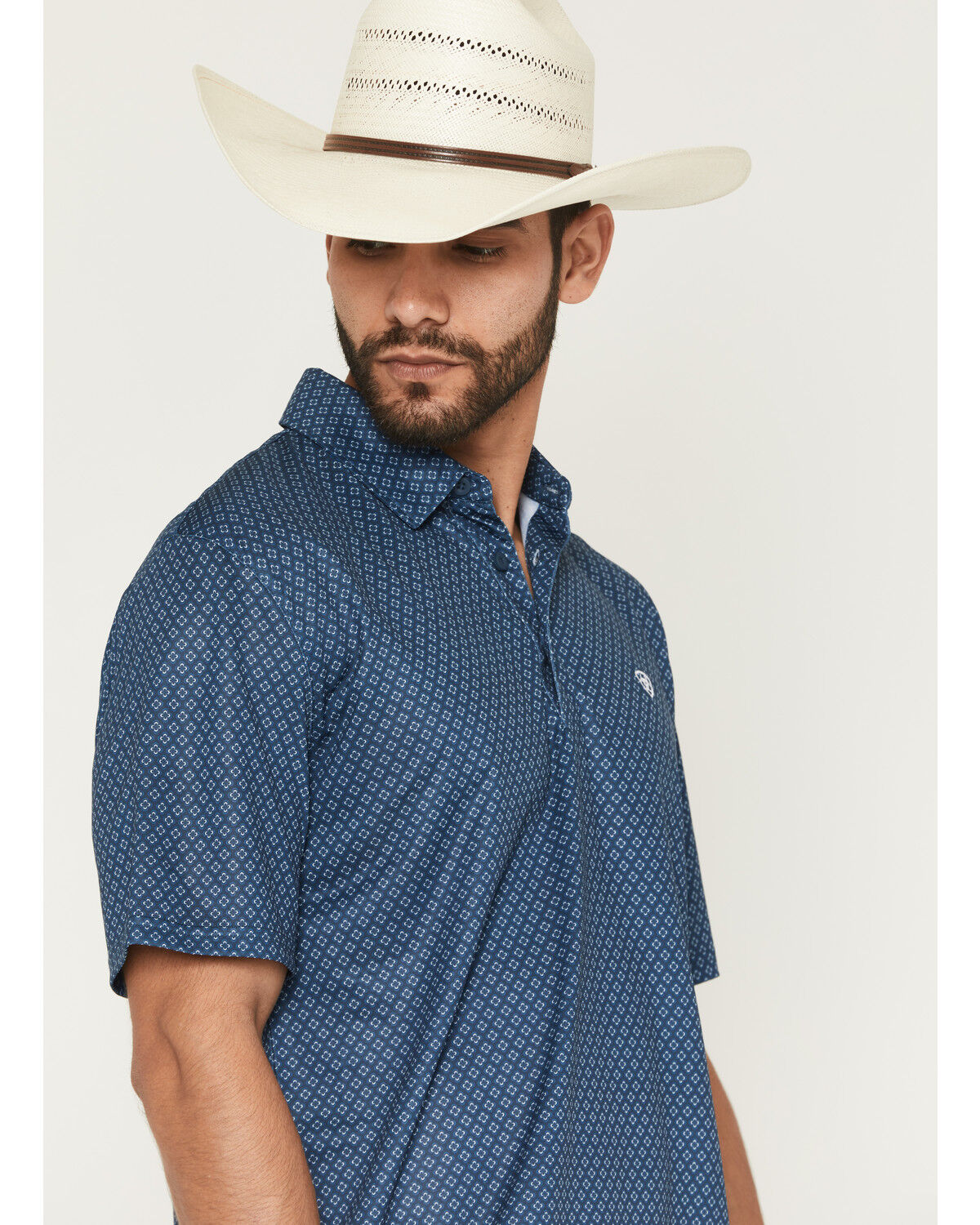 Image #2 - Ariat Men's AriatTEK Medallion Print Short Sleeve Polo, Dark Blue, hi-res