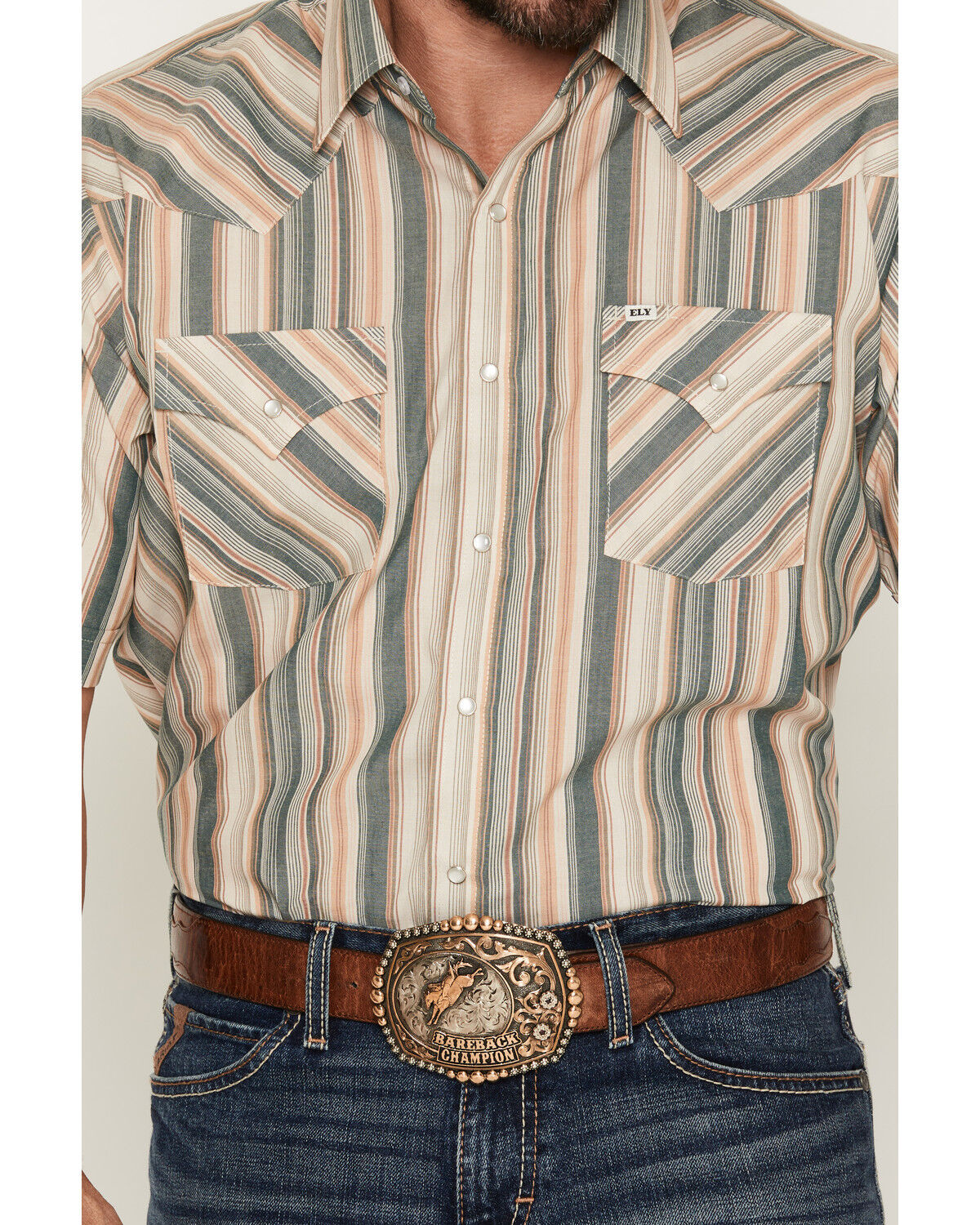 Image #3 - Ely Walker Men's Striped Short Sleeve Pearl Snap Western Shirt, Cream, hi-res