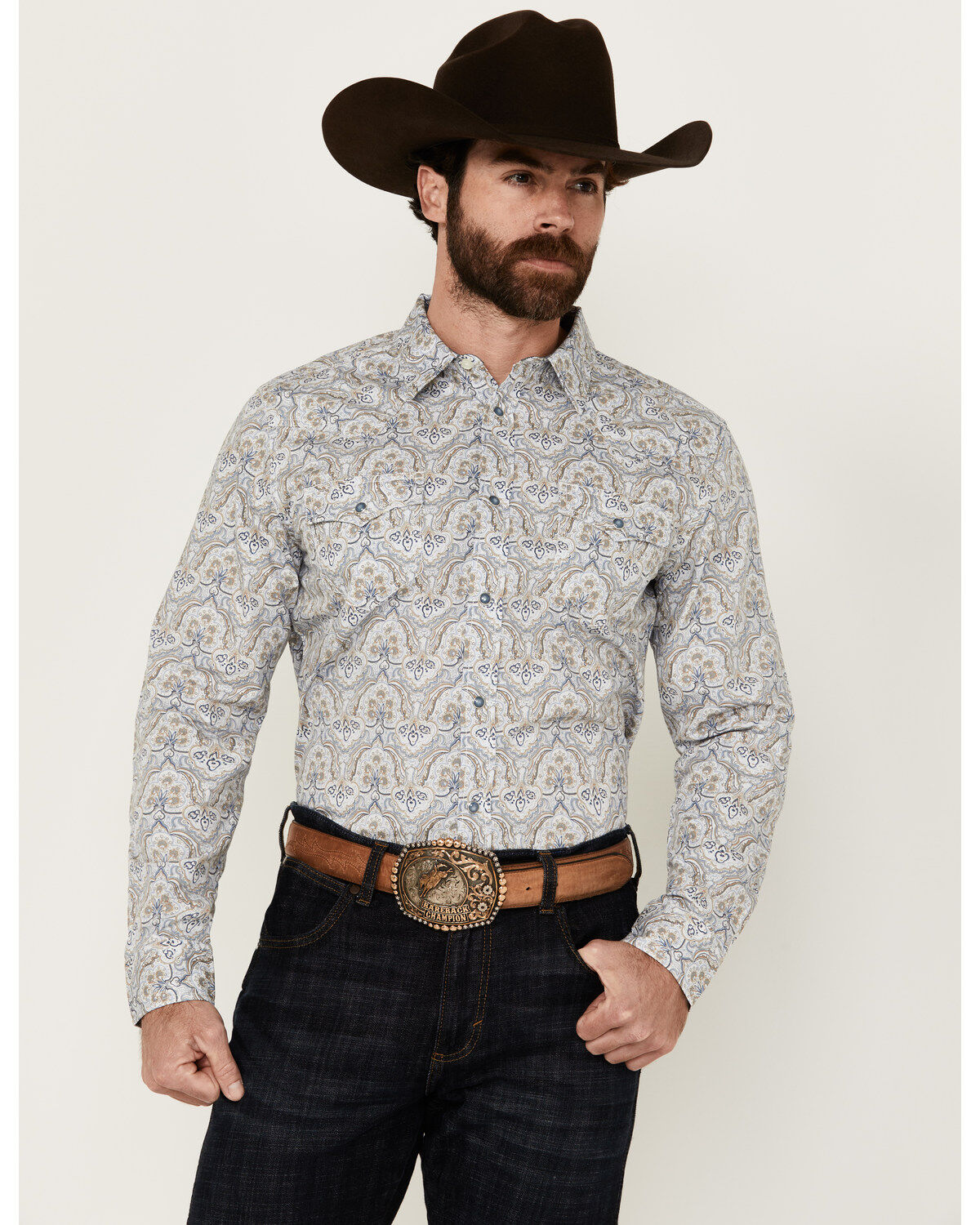 Cody James Men's Railroad Paisley Print Long Sleeve Snap Western Shirt, Cream, hi-res