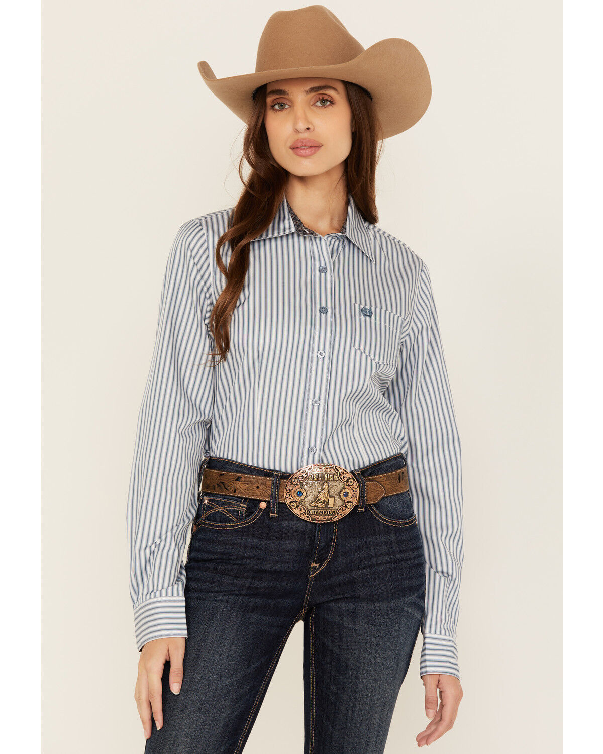 Image #1 - Cinch Women's TENCEL&trade; Striped Long Sleeve Button-Down Western Shirt, Blue, hi-res