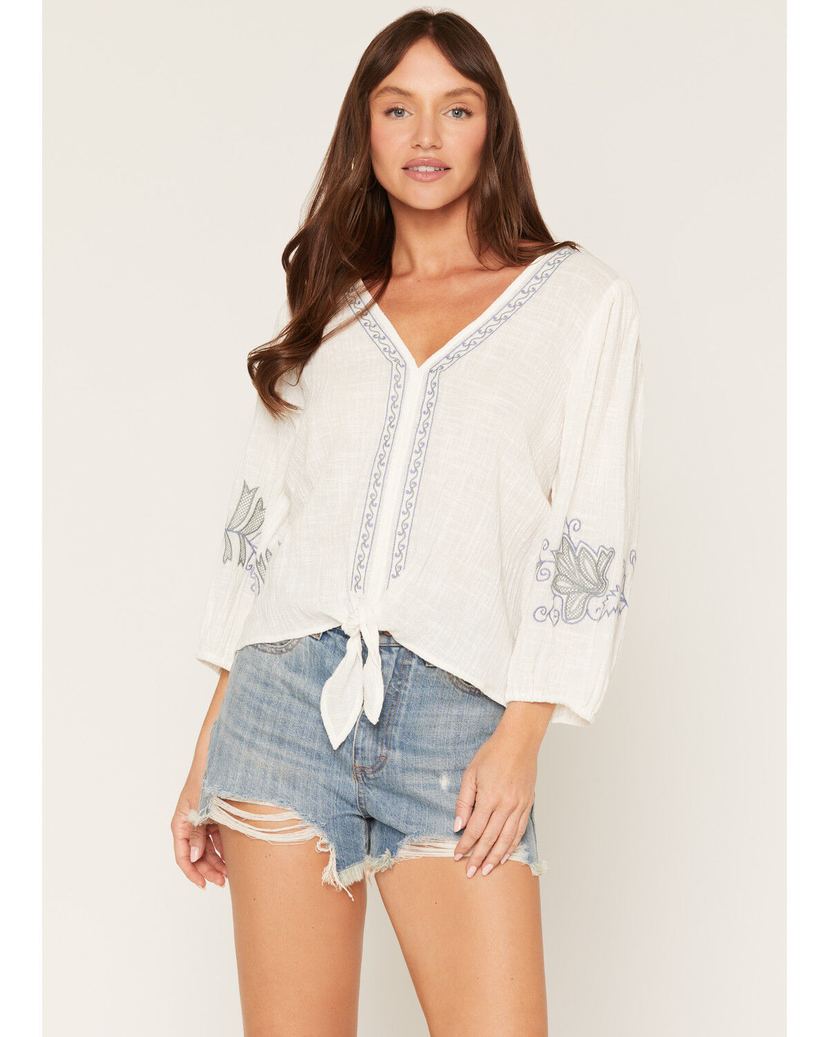 Image #1 - Lovestitch Women's Embroidered Long Sleeve Shirt, White, hi-res