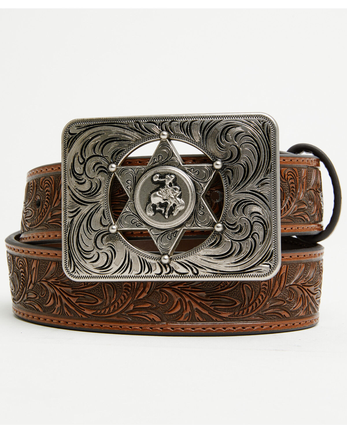 Image #1 - Cody James Boys' Sheriff Star Buckle Tooled Belt, Brown, hi-res