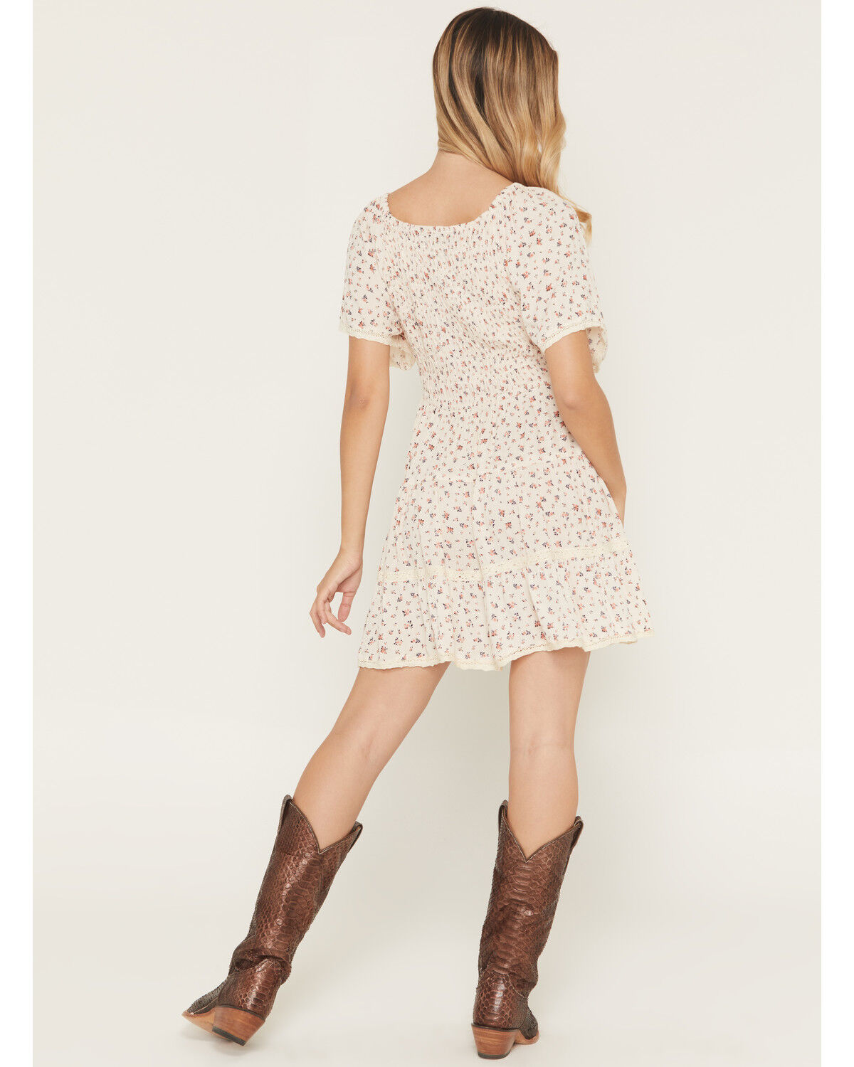 Image #4 - Angie Women's Ditsy Floral Print Short Sleeve Mini Dress, Ivory, hi-res