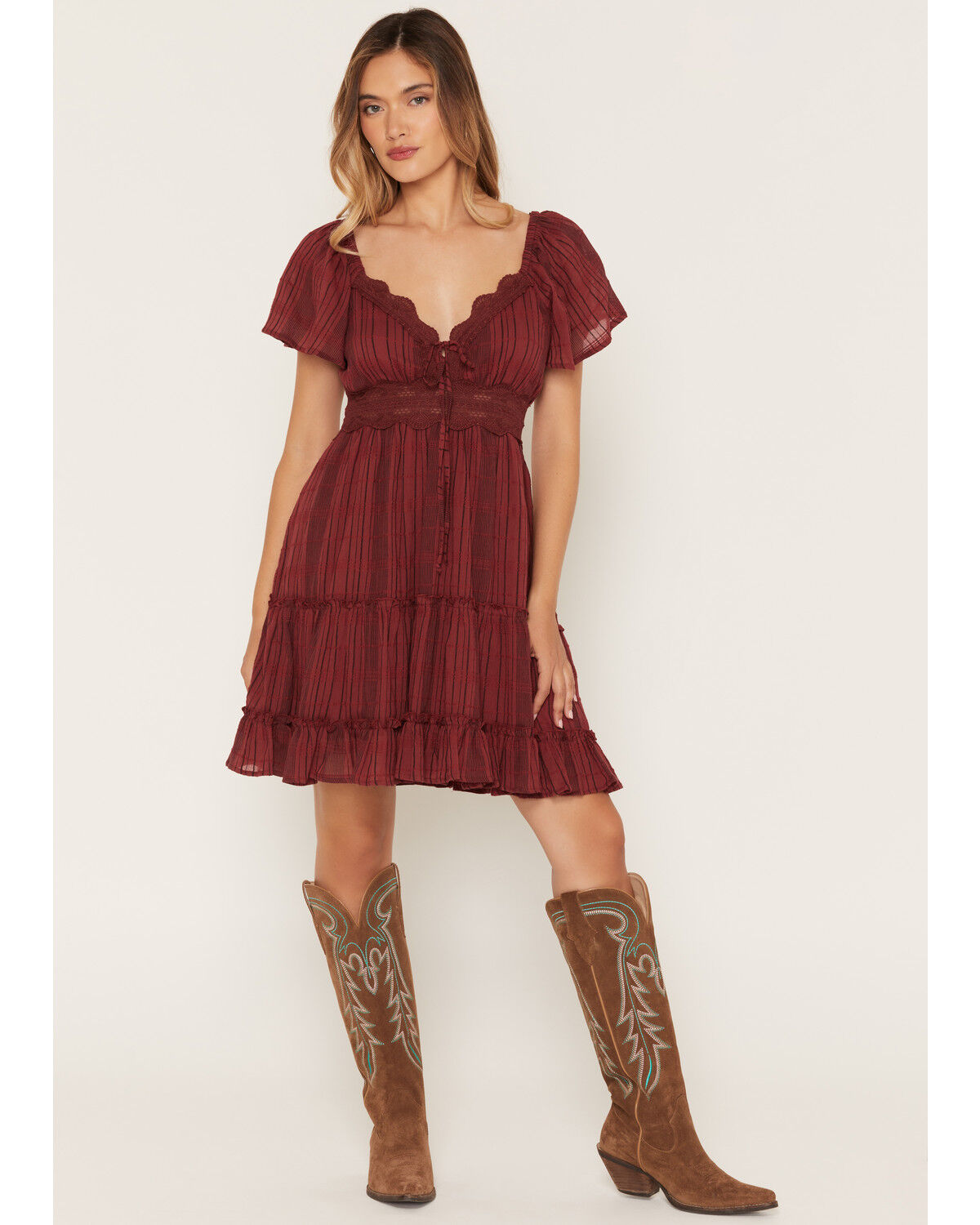 Image #1 - Wild Moss Women's Short Sleeve Lace Trim Tiered Mini Dress, Rose, hi-res