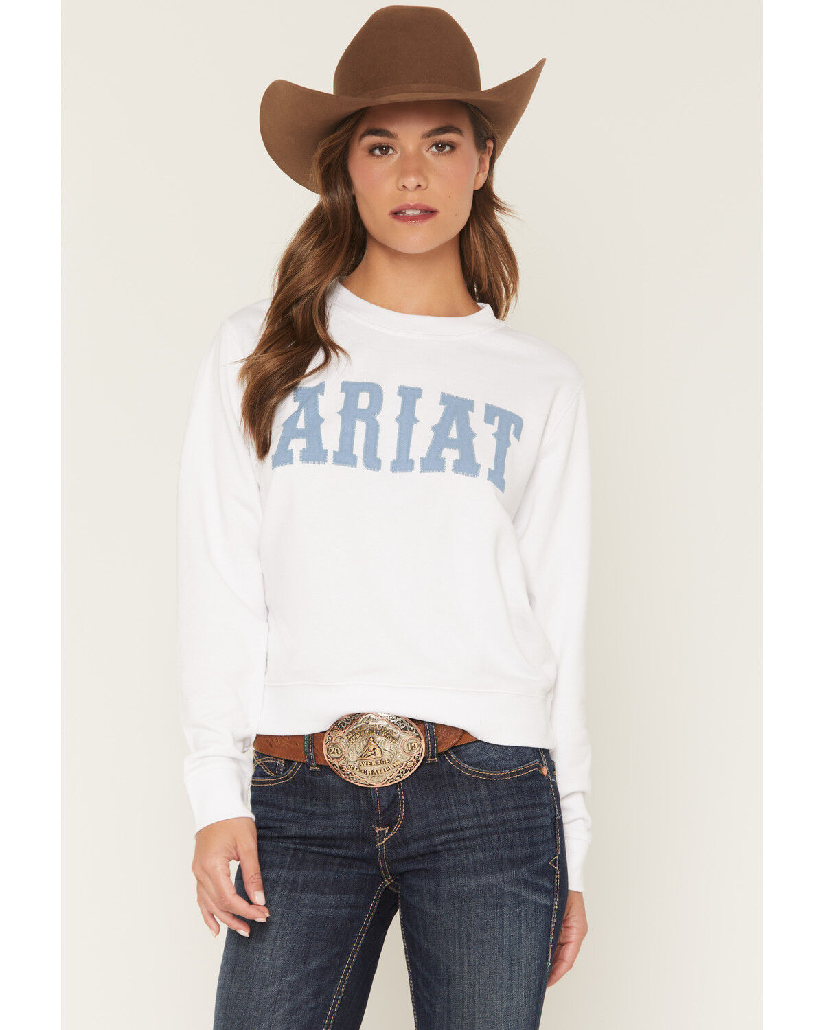Image #1 - Ariat Women's Boot Barn Exclusive Logo Crew Neck Sweatshirt, White, hi-res