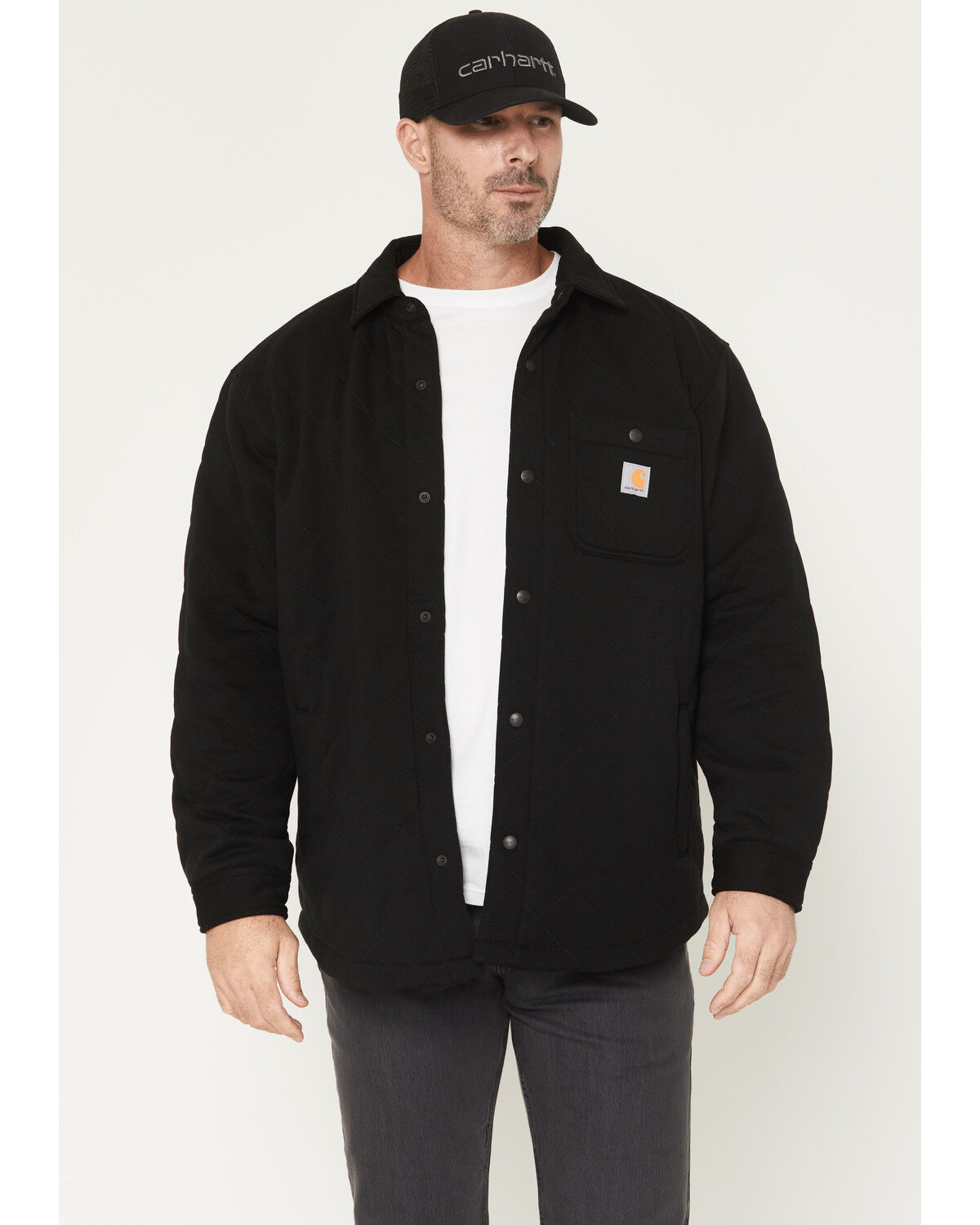 Image #1 - Carhartt Men's Rain Defender&reg; Loose Fit Heavyweight Quilted Snap Front Shirt Jacket, Black, hi-res