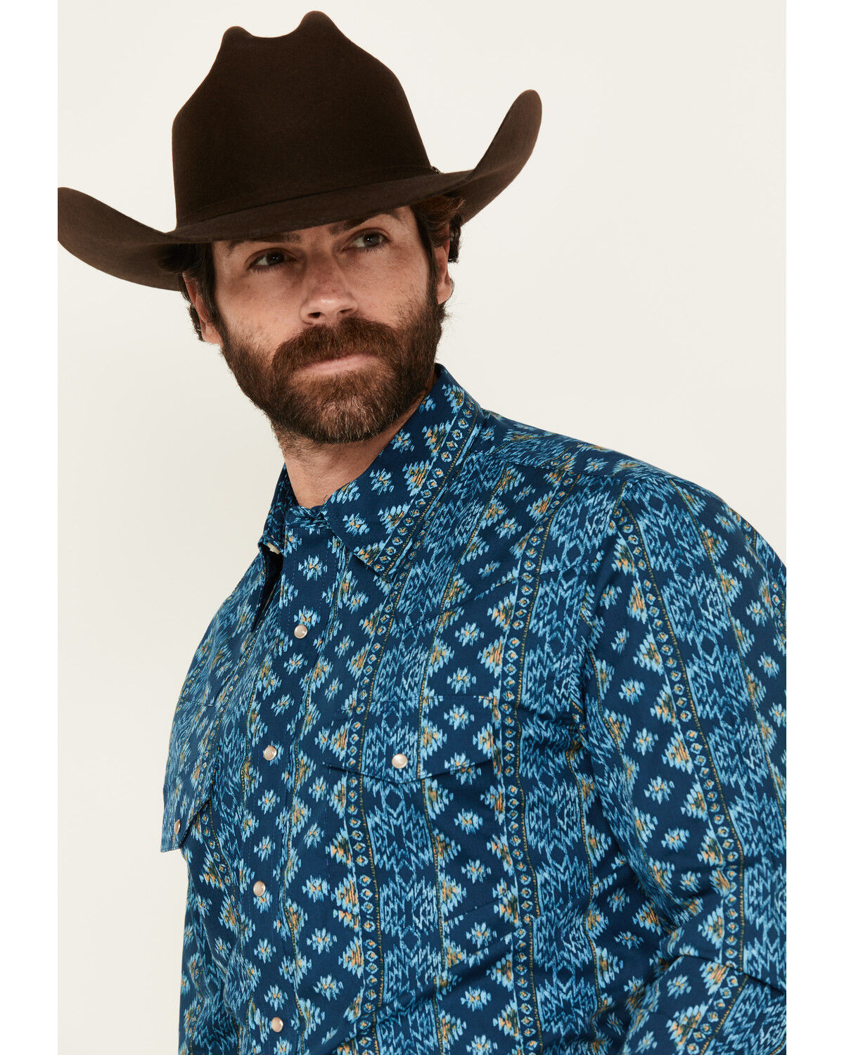 Image #2 - Wrangler Men's Checotah Southwestern Striped Long Sleeve Pearl Snap Western Shirt - Big, Blue, hi-res