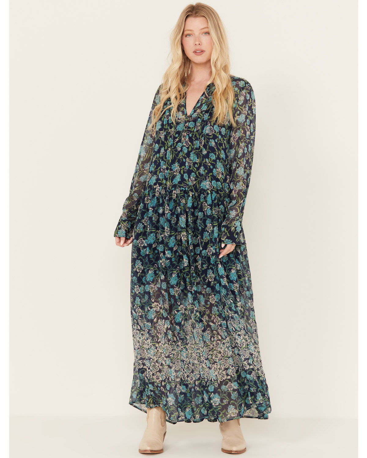 Image #1 - Free People Women's See It Through Floral Long Sleeve Maxi Dress, Blue, hi-res