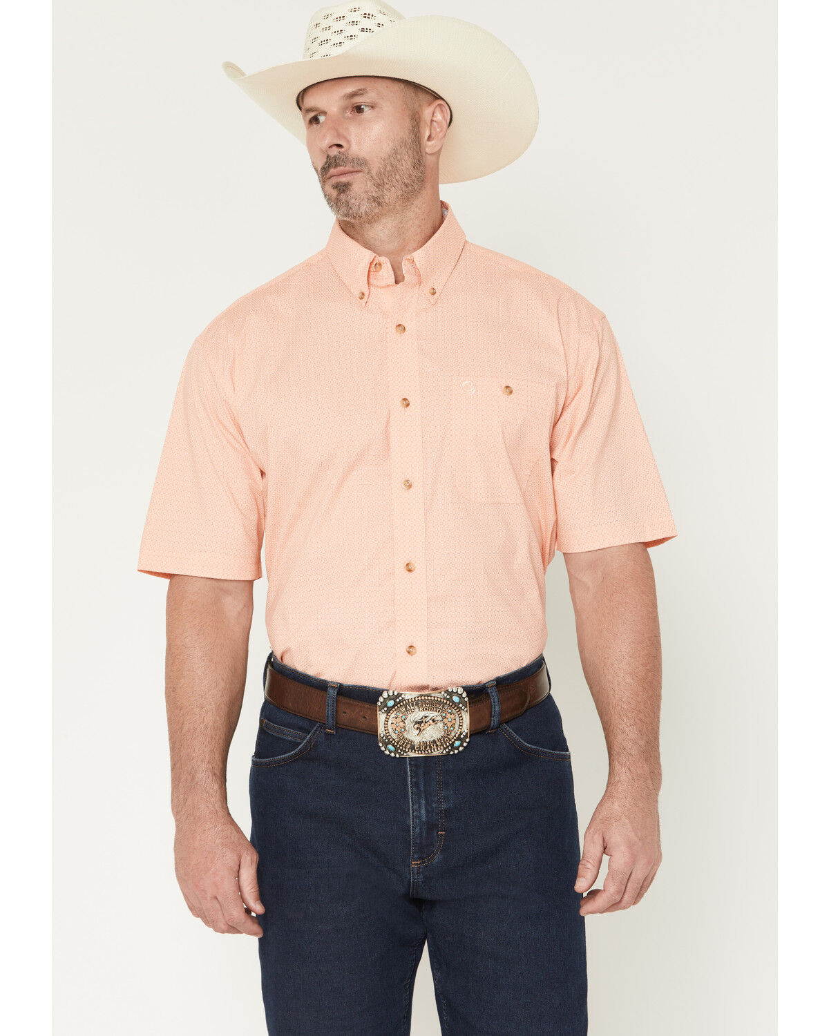 Image #1 - George Strait by Wrangler Men's Geo Print Short Sleeve Button-Down Stretch Western Shirt - Big, Orange, hi-res