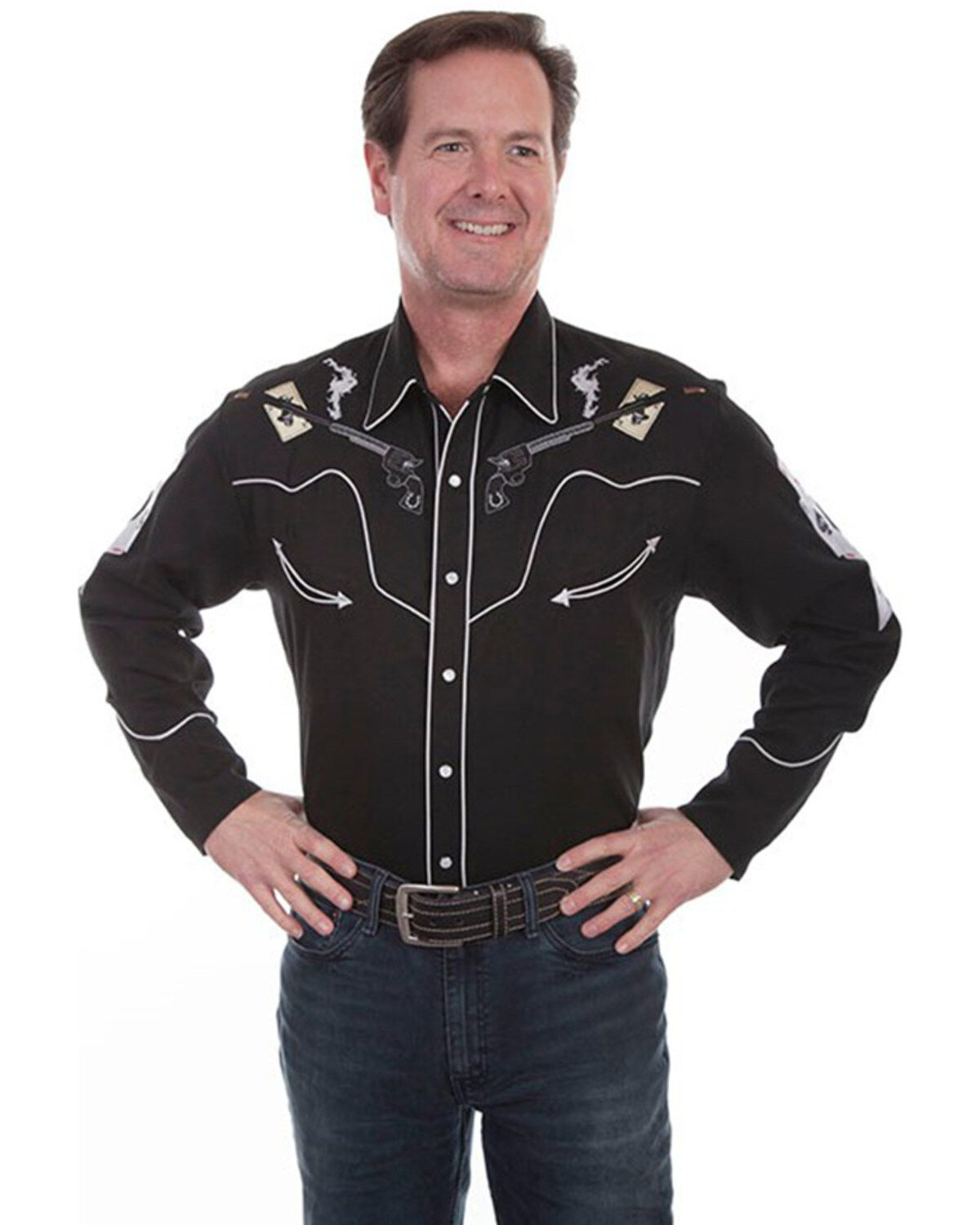 Scully Men's Skulls, Guns N Cards Embroidered Yoke Long Sleeve Pearl Snap Western Shirt - Big, Black, hi-res