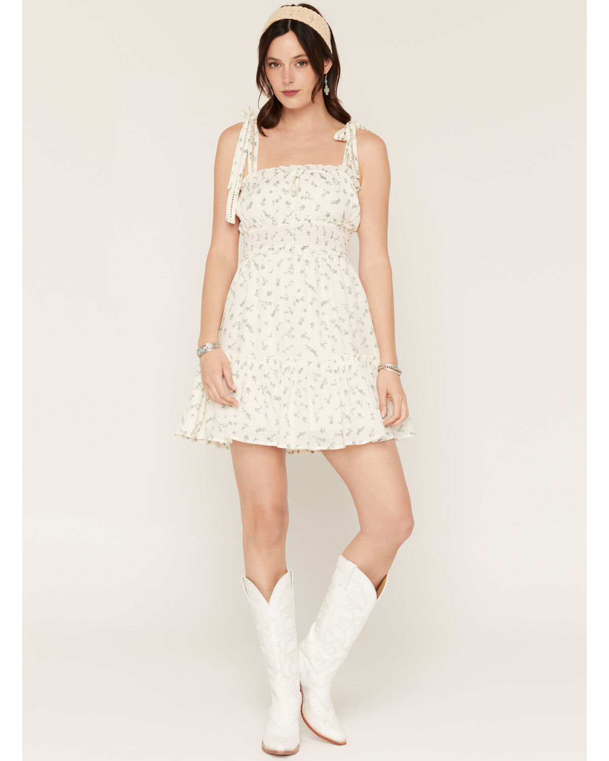 Image #1 - Ash & Violet Women's Floral Print Sleeveless Bow Strap Mini Dress, Ivory, hi-res