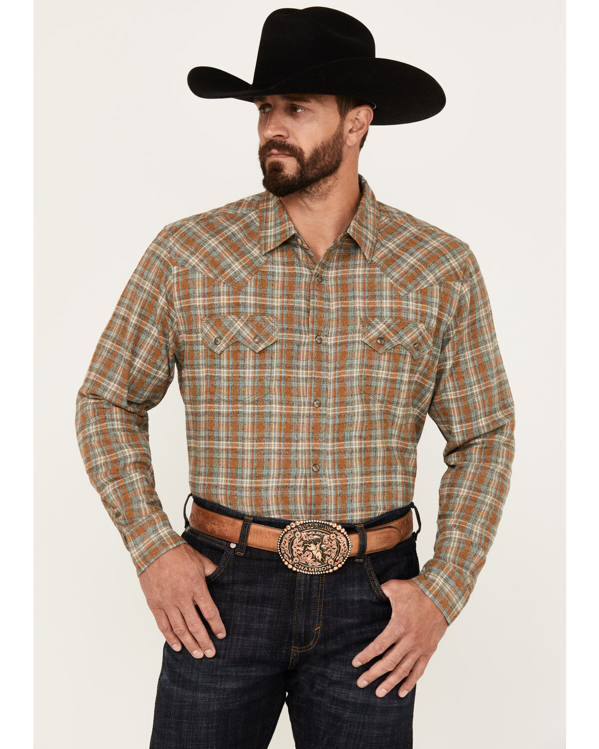 Image #1 - Moonshine Spirit&reg; Men's Hickory Plaid Print Long Sleeve Snap Flannel Shirt, Grey, hi-res