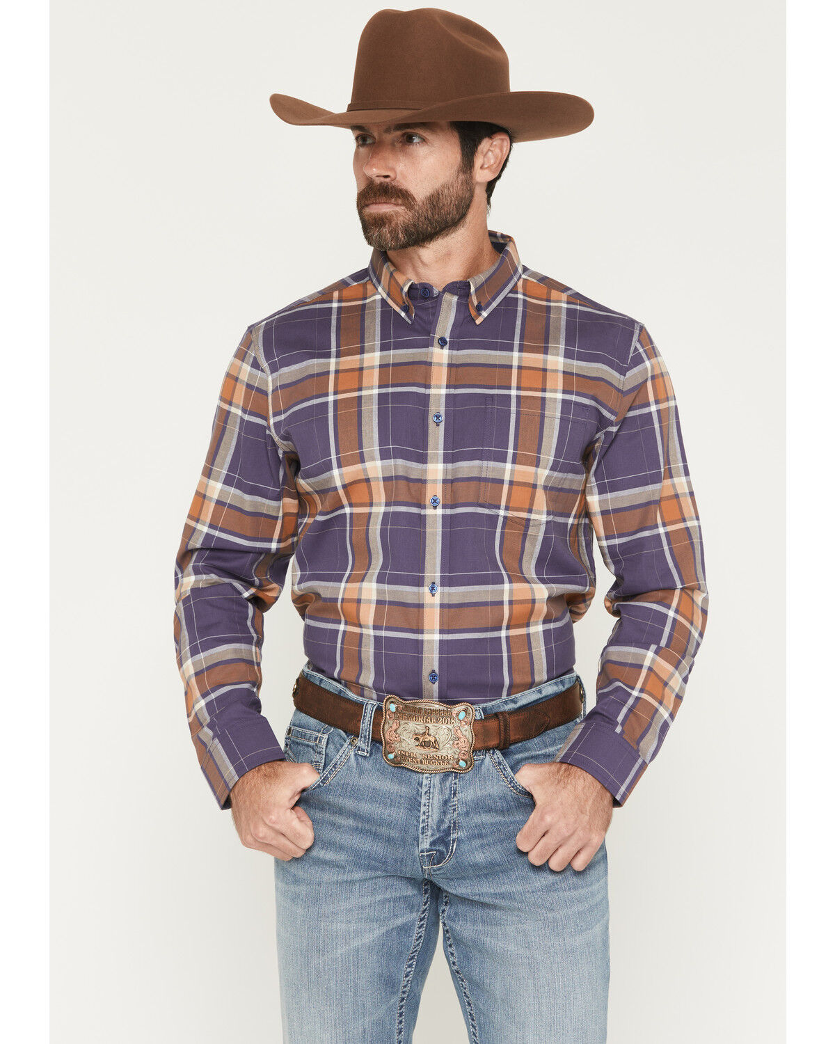 Cody James Men's Smokey Trail Plaid Print Long Sleeve Button-Down Stretch Western Shirt - Tall, Dark Blue, hi-res