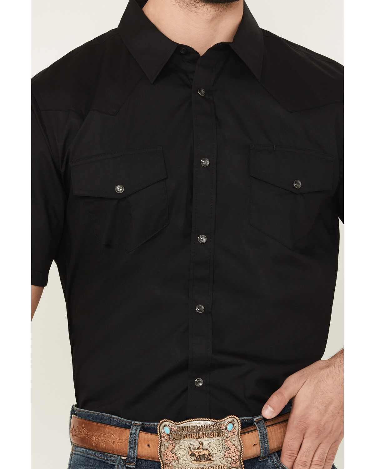 Image #3 - Gibson Men's Solid Short Sleeve Snap Western Shirt - Big, Black, hi-res