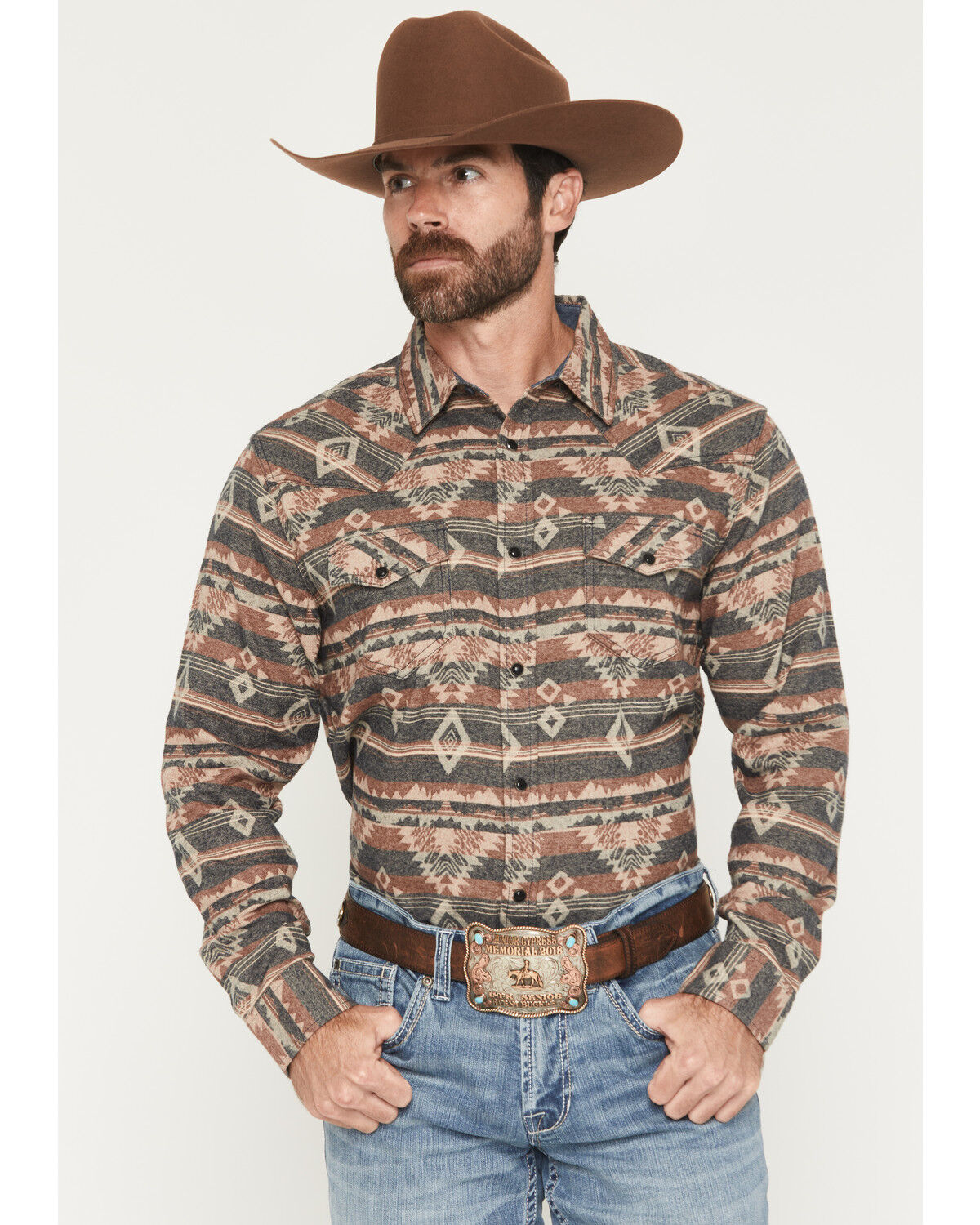 Cody James Men's Ironwood Southwestern Long Sleeve Snap Flannel Shirt, Brown, hi-res