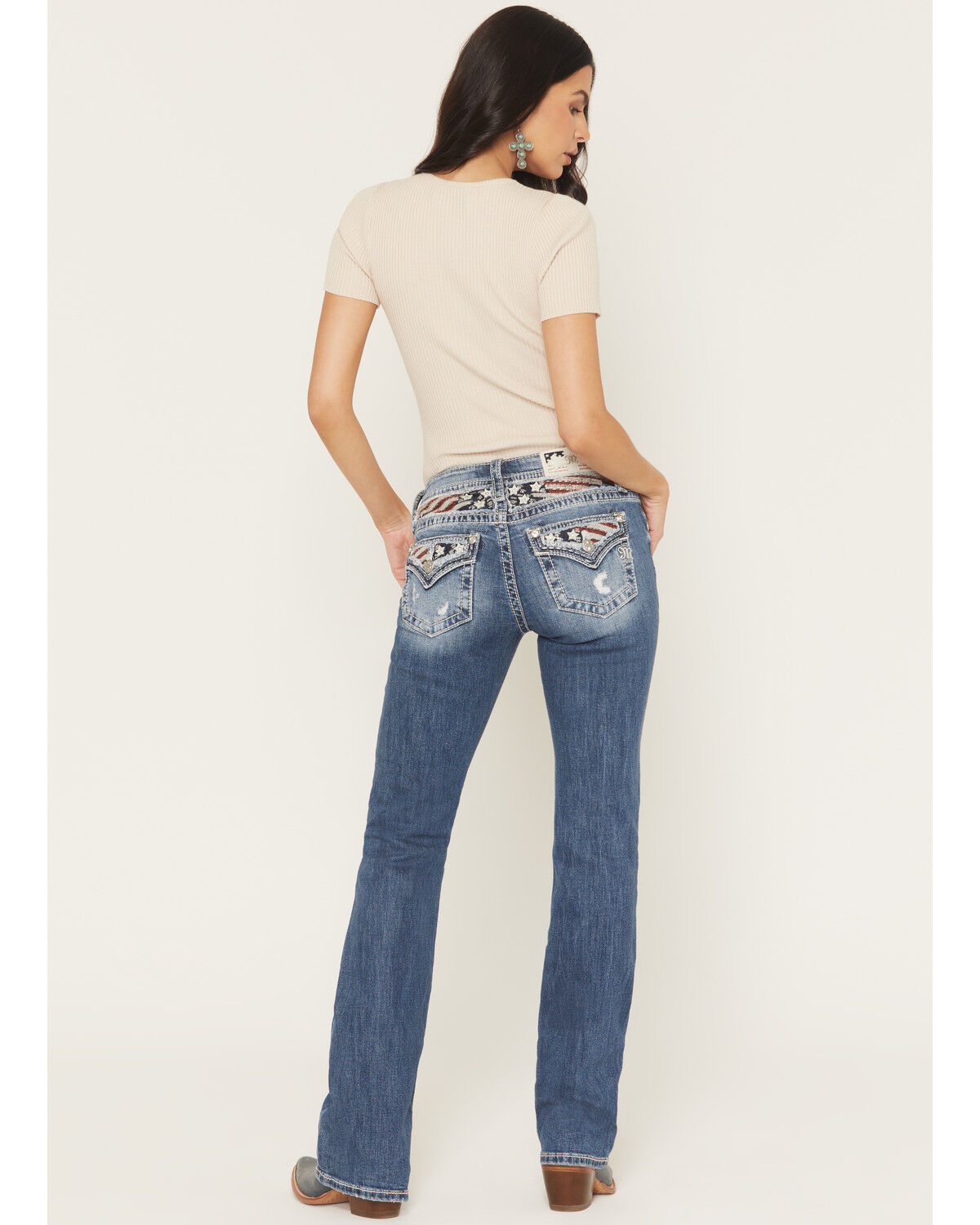 Image #1 - Miss Me Women's Medium Wash Mid Rise Americana Pocket 34" Bootcut Stretch Denim Jeans, Medium Wash, hi-res