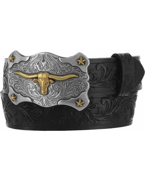 Image #1 - Tony Lama Kid's Steer Head Leather Belt, Black, hi-res