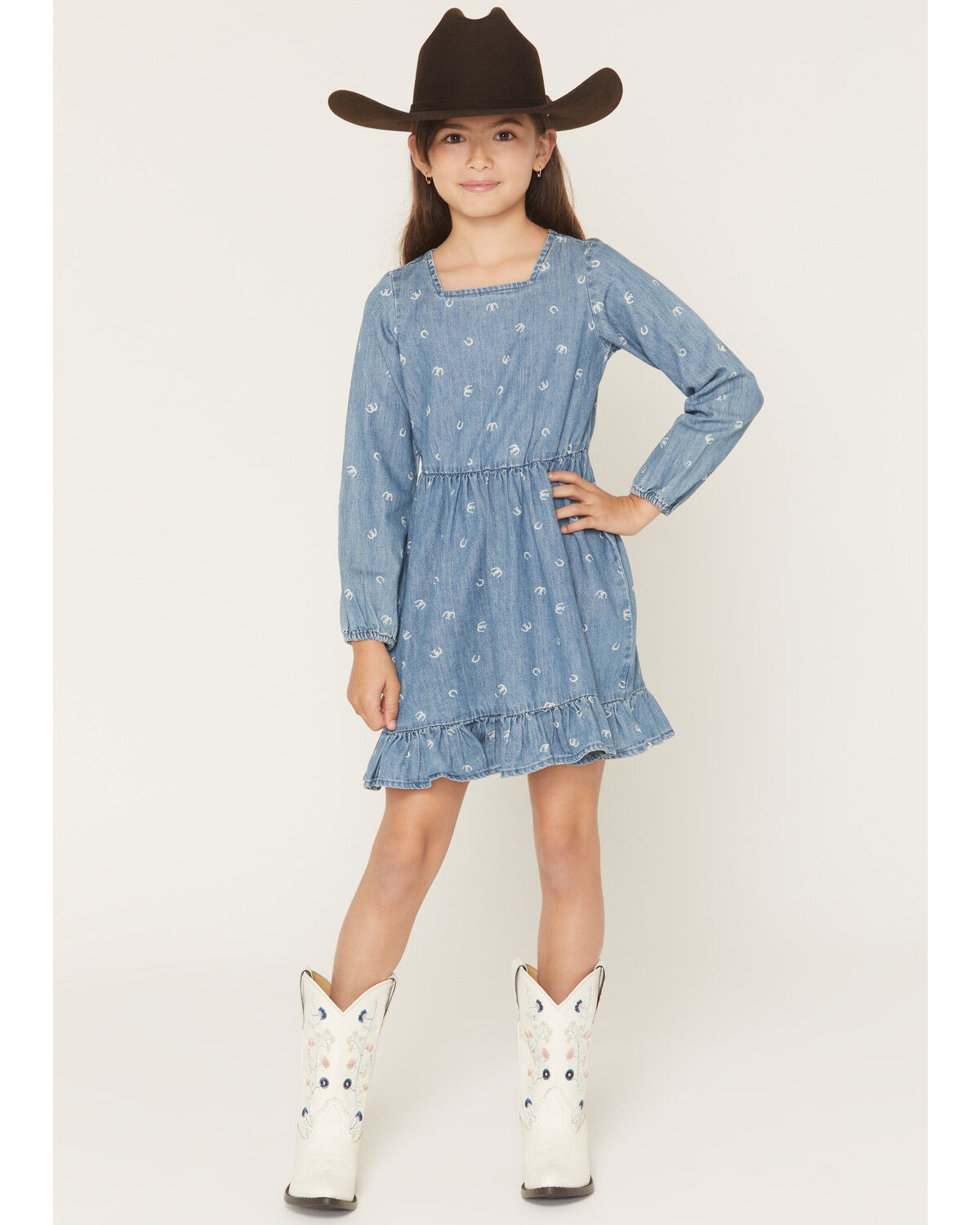 Wrangler Girls' Horseshoe Print Denim Dress, Blue, hi-res