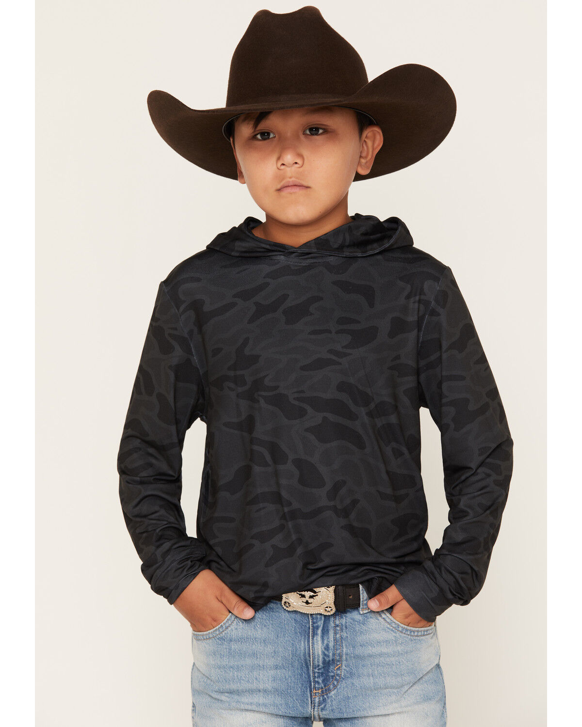 Image #1 - Burlebo Boys' Camo Print Hooded Stretch Performance Shirt, Black, hi-res