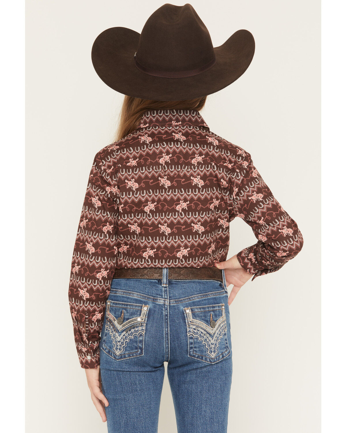 Image #4 - Panhandle Girls' Horse Print Long Sleeve Snap Western Shirt, Brown, hi-res