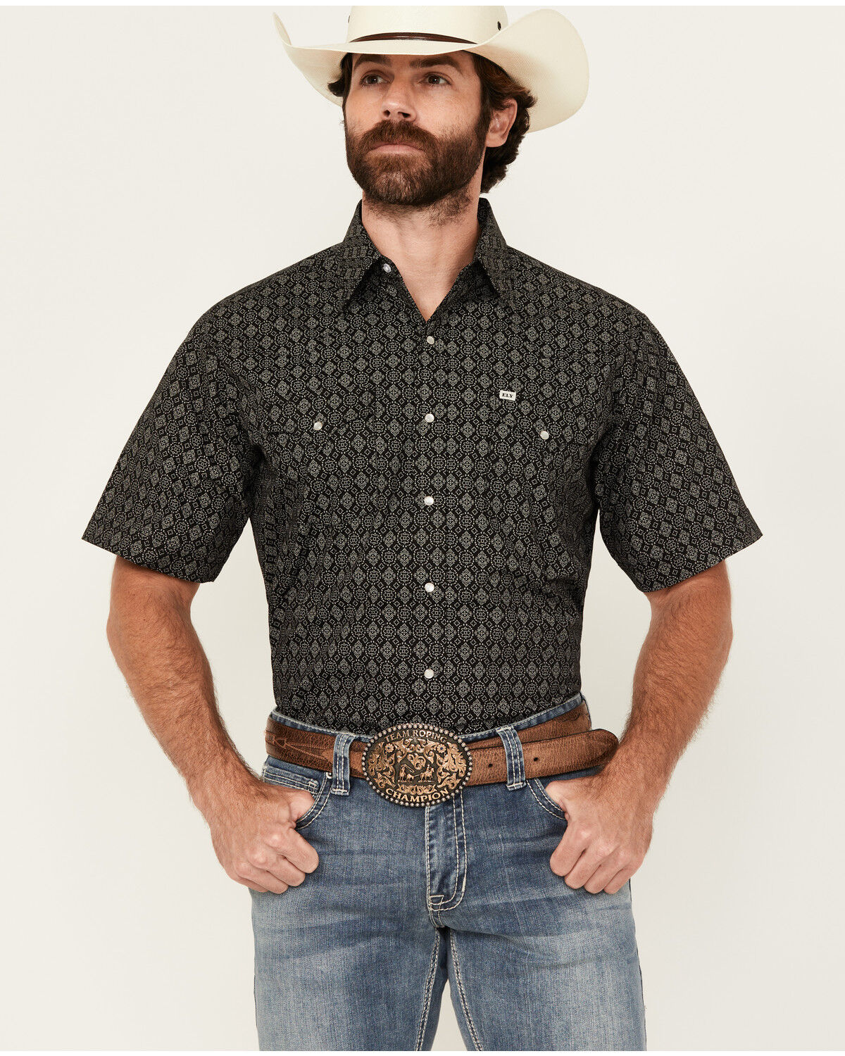 Image #1 - Ely Walker Men's Geo Print Short Sleeve Snap Western Shirt, Black, hi-res