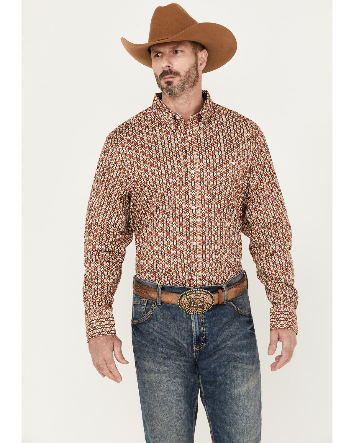 Image #1 - RANK 45&reg; Men's Spur Printed Long Sleeve Button-Down Stretch Western Shirt, Pecan, hi-res