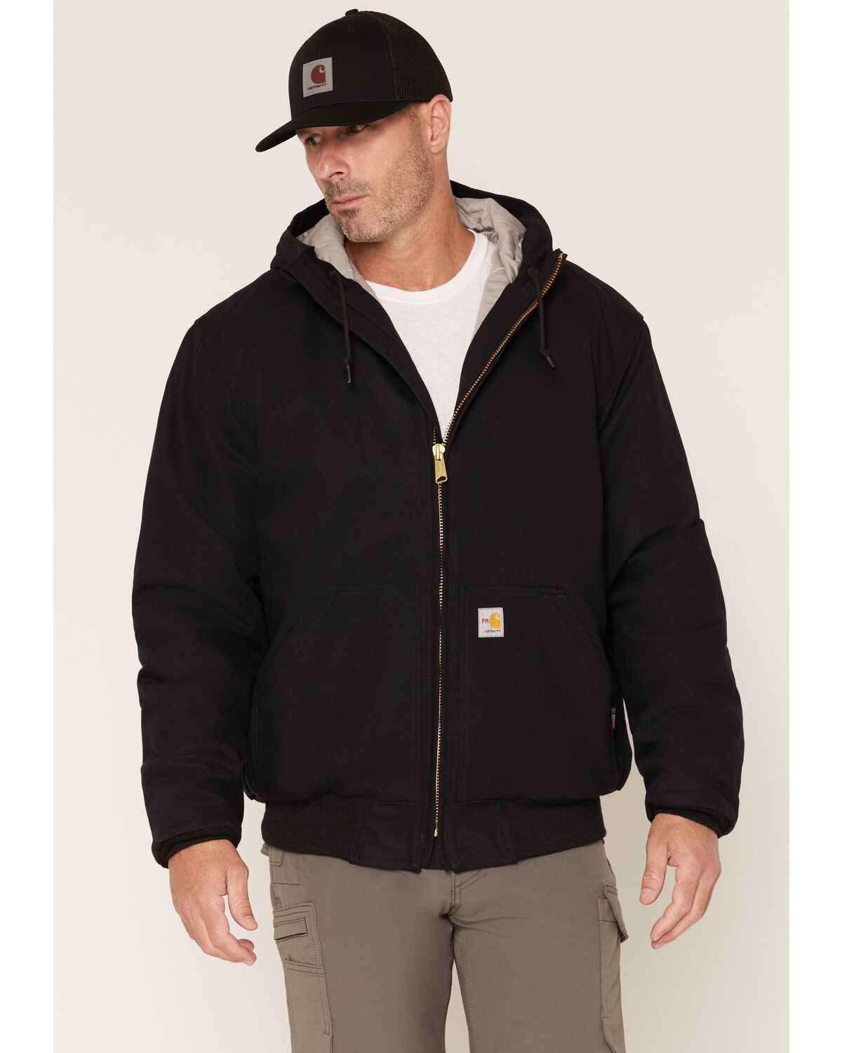 Carhartt Men's FR Duck Active Hooded Work Jacket, Black, hi-res