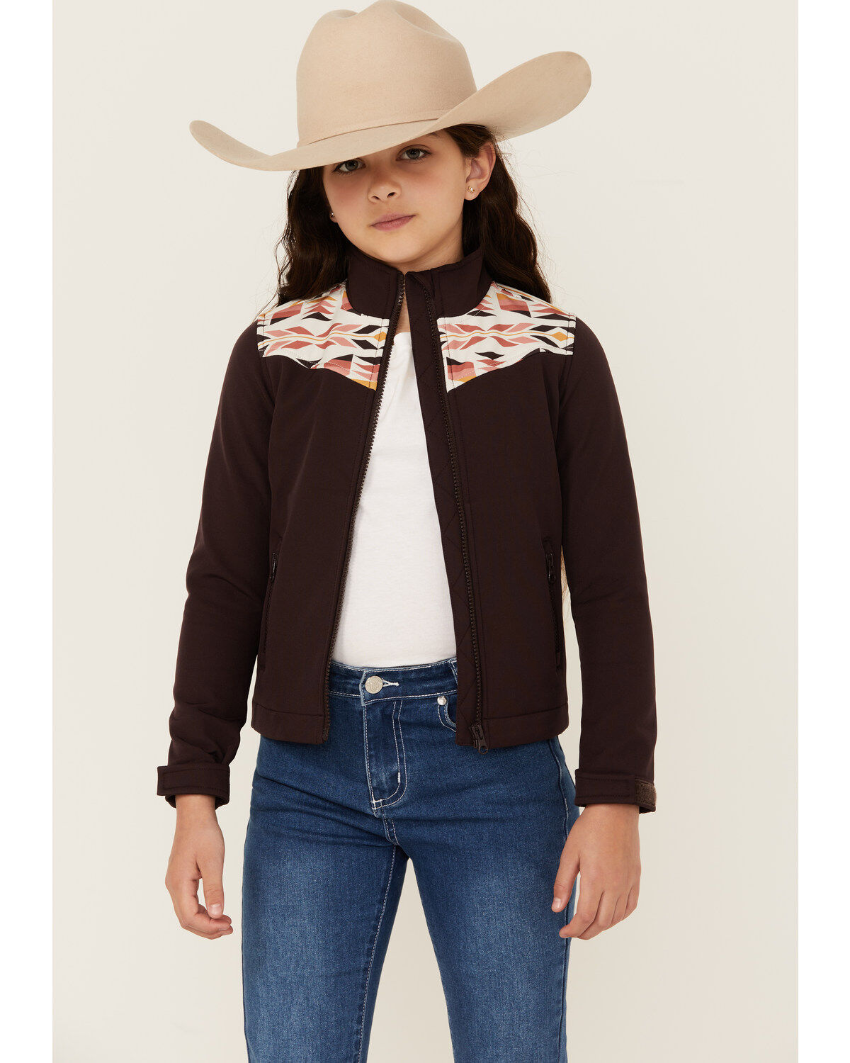 Shyanne Girls' Southwestern Print Softshell Jacket, Chocolate, hi-res