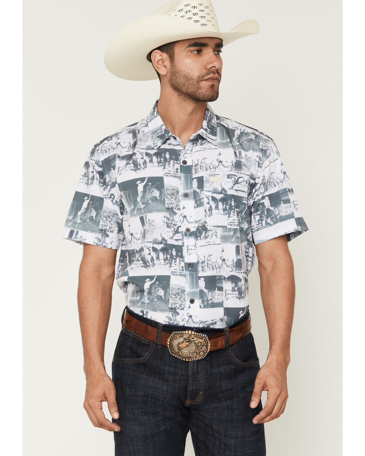 Image #1 - Kimes Ranch Men's Dunn Cowboy Print Short Sleeve Button-Down Stretch Western Shirt, White, hi-res