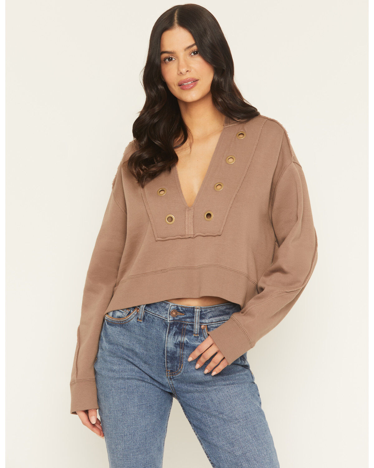 Cleo + Wolf Women's Solid Grommet Cropped Hoodie, Taupe, hi-res
